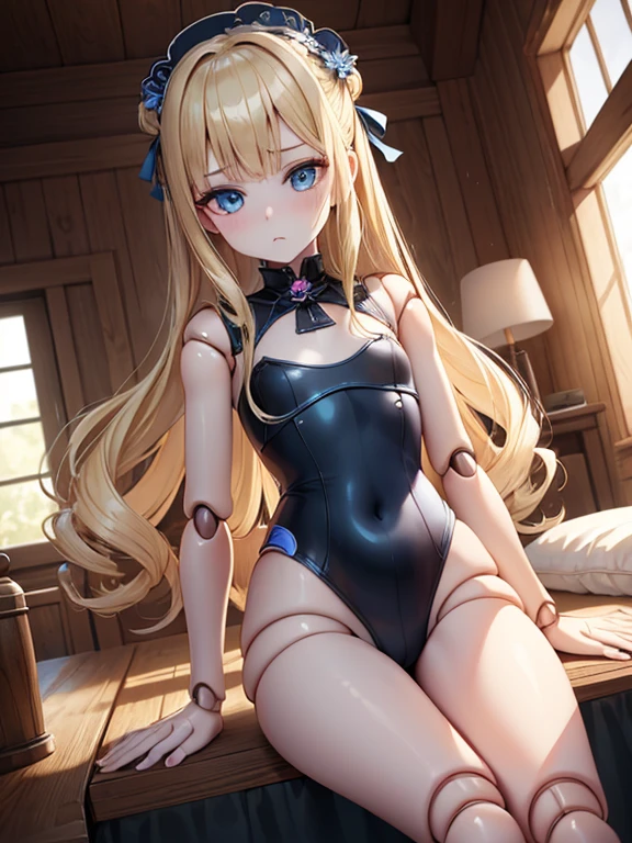 8k,Master piece,best quality,best detail,1girl,mini girl,twin drill,sister,swimsuit,blonde hair, pale skin ,blue eyes,,doll, doll joints,doll girl, doll joints,pov,emotionless ,flat chest 