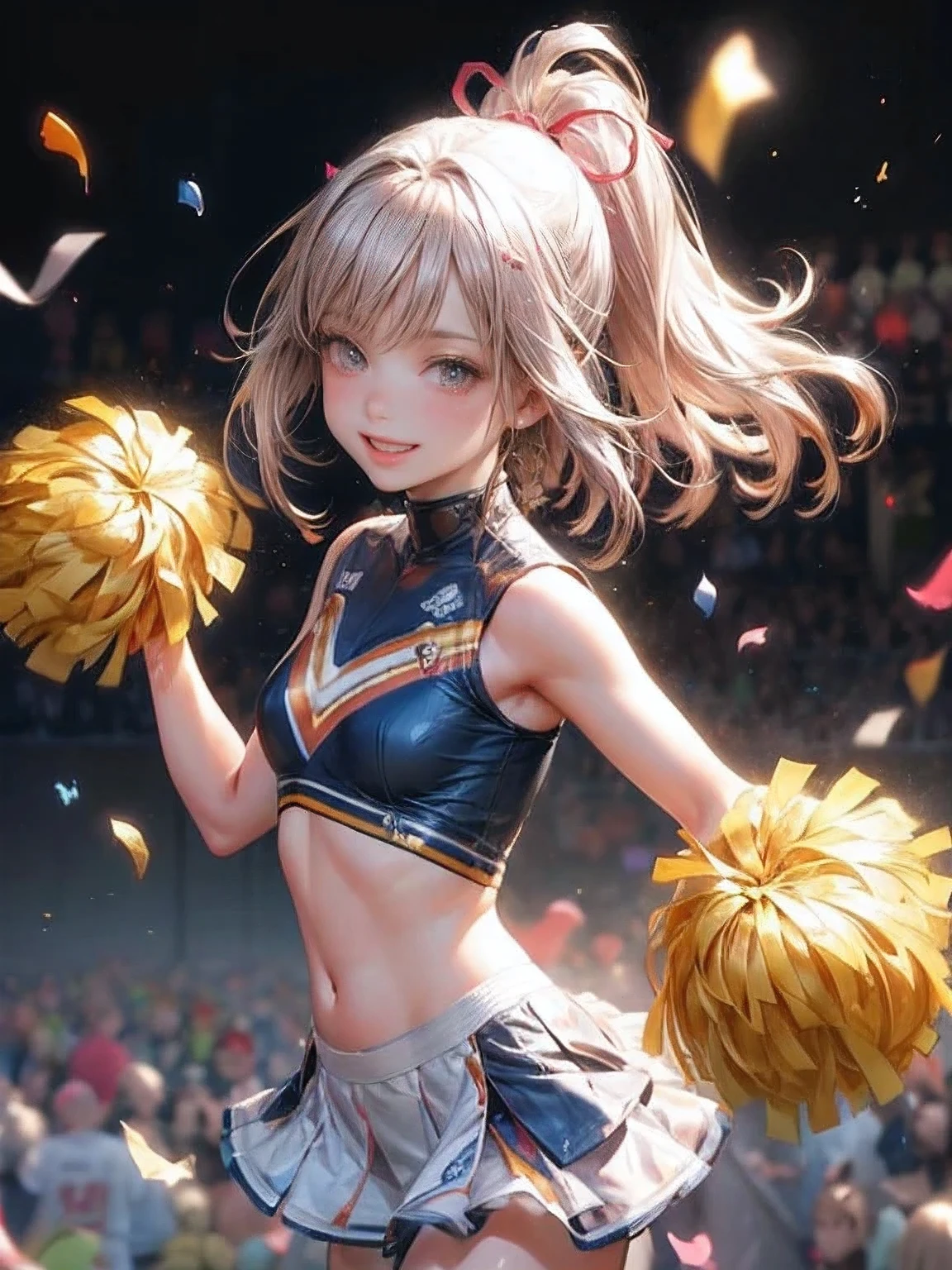 cowboyshot:1.2, dutch-angel, (best quality,4k,8k,highres,masterpiece:1.2),ultra-detailed,(realistic,photorealistic,photo-realistic:1.37),colorful,splash art,cute girl,white hair,girly pose,dynamic motion,cheerleading costume,cheerful expression,big sparkling eyes,rosy cheeks,happy atmosphere,vibrant colors,shiny hair,beautiful smile,lively background,colored ribbons,playful energy,exciting cheerleading routine,aesthetic lines and shapes,stylized shading,cartoon-like,anime influence,expressive artwork,eye-catching composition,joyful mood,full of life,fantasy elements,energetic jump,flying hair,positive vibes,uplifting spirit,splashing water,burst of confetti,cheering crowd,motion blur effect,seamless action,exquisite details