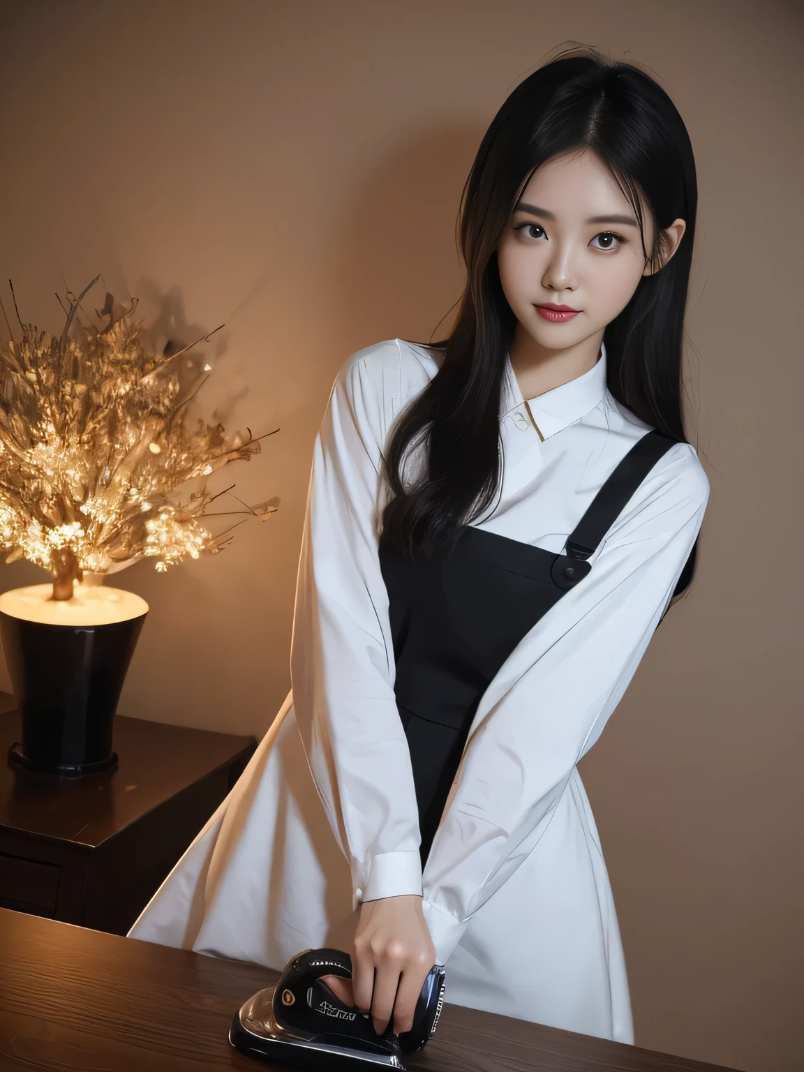 black hair, hair bobbles, wince, longeyelashes, solid circle eyes, light smile, ear blush, fang, Surrealism, drop shadow, anaglyph, stereogram, tachi-e, pov, atmospheric perspective, 8k, super detail, ccurate, best quality,(Surrealism), (illustration), (high resolution), (8k), (Extremely detailed), (Best illustration), road ( Chainsaw man ), (Beautiful delicate eyes), (best quality), (Super detailed), (On the table), (wallpaper), (Delicate face), Solitary, Upper Body, focus on face, 1 girl, Black long hair, Korean, Thin eye shadow, Delicate eyes, Brown eyes, There is a small mole under the eye, The legs are slender,Long-sleeved shirt, Neck arch, Small Breasts,Black leather shoes,Apron Dress, Dynamic poses, Low light, night, dark, cloud, Night,With a chainsaw,