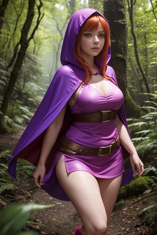 UHD 8K scene, hyper-real photo quality, beautiful young woman, red hair, bright blue eyes, short pink dress with thief outfit, purple hooded cape, character Sheila from Dungeons and Dragons, in the middle of a forest, (chubby:1.2),
