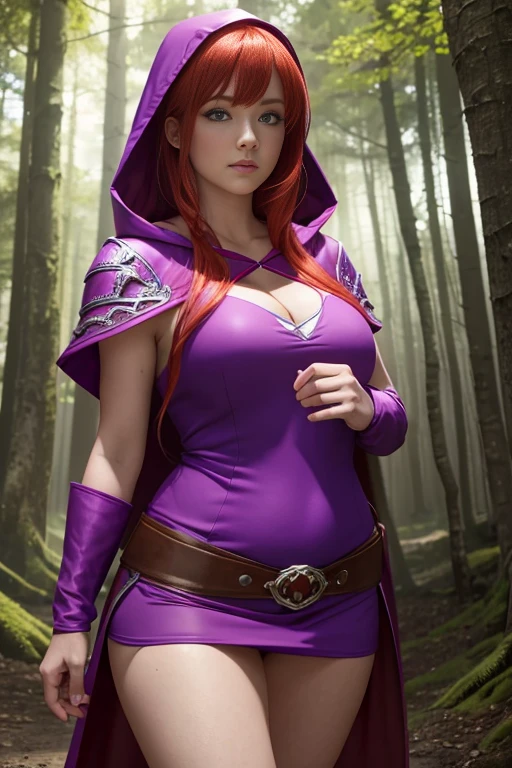 UHD 8K scene, hyper-real photo quality, beautiful young woman, red hair, bright blue eyes, short pink dress with thief outfit, purple hooded cape, character Sheila from Dungeons and Dragons, in the middle of a forest, (chubby:1.2),