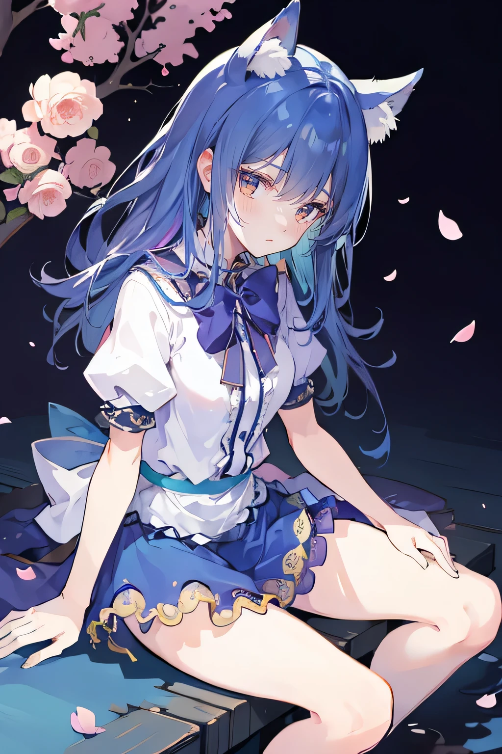 (masterpiece:1.2),ultra-detailed,realistic,expressive eyes,fair-skinned,perfectly shaped face,1girl,
Japanese cartoons,Gorgeous blue hair, flowing blue hair,floating clothes,cat ears,petals falling,beautiful Lola,Hina Angel,
hands on waist,gracefully sitting on the ground,legs crossed,gentle and serene background,cool and comfortable pavilion,night ,