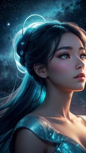 high quality, 8K Ultra HD, A breathtaking digital illustration unfolds as a striking female emerges with elegant features, characterized by ethereal chignon hair and captivating cyan eyes, The night sky above, adorned with shimmering stars, captures her attention as she gazes upward with an air of mystery, by yukisakura, awesome full color,