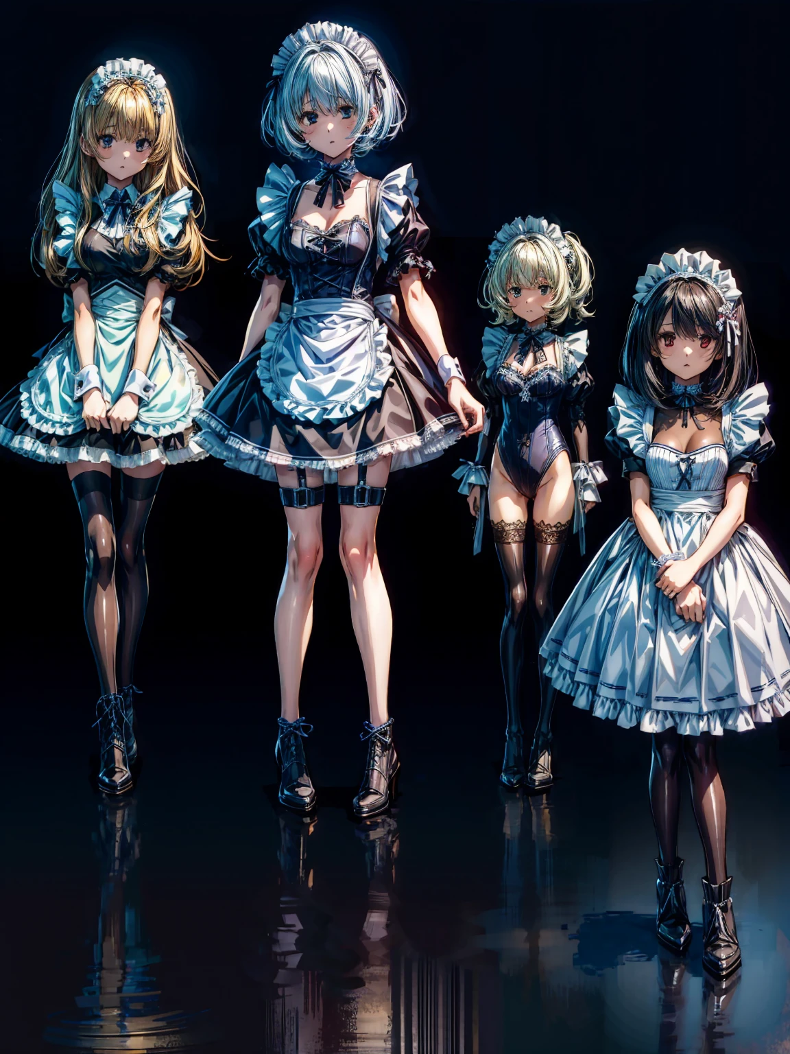 (Perfect Anatomy:1.2, highest quality),(Maid leotard details:1.6),(5Girls:1.6),Long Hair:1.5, (Short sleeve, Thighs,Maid Cufflinks),,Hypno Lola, Hollow Eyes,High heel lace-up boots,Dark aura,(Leotrad),,From below,love for viewers,Look down,(full body:1.4),looking at viewer,