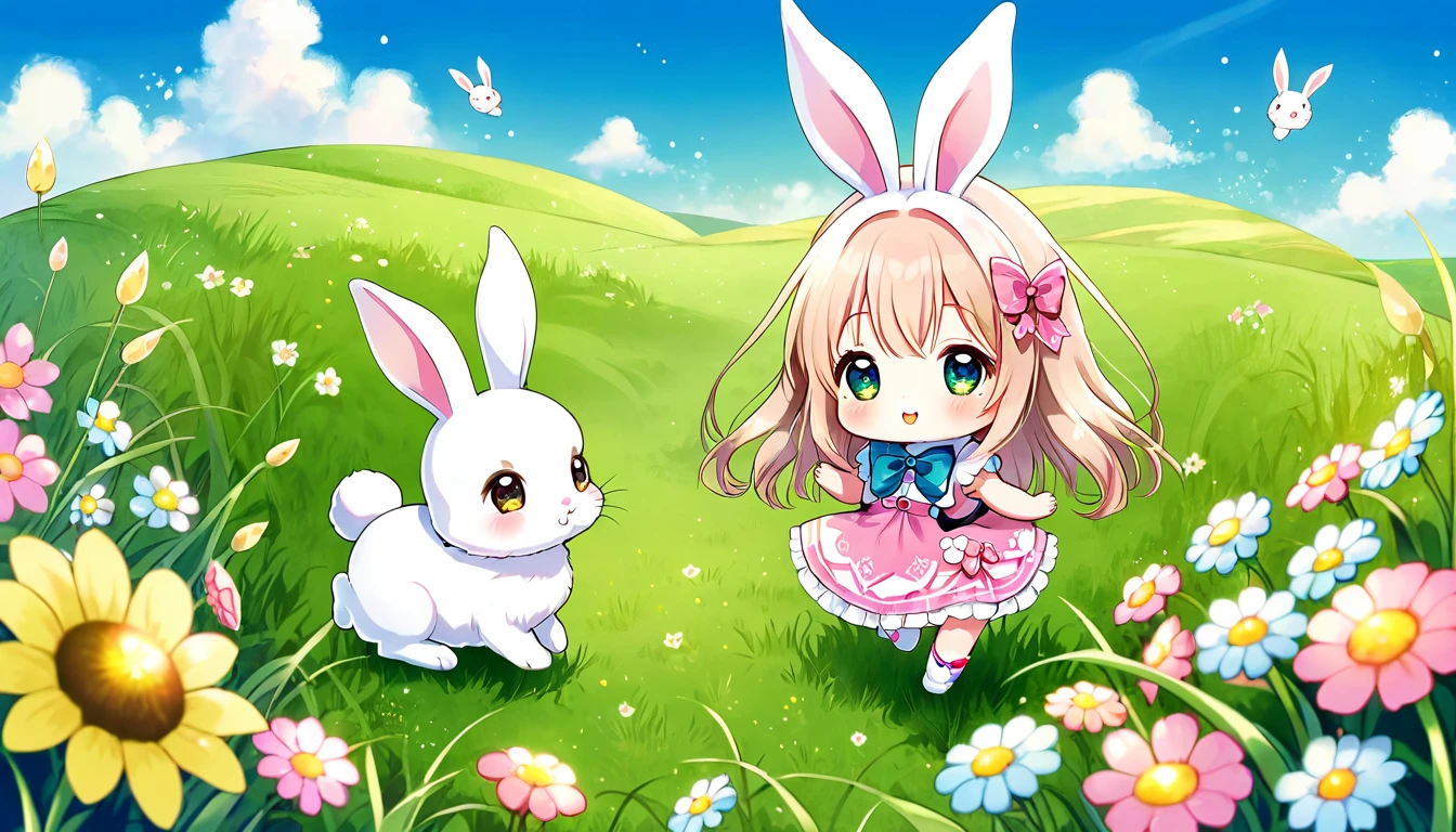 cute ふわふわ, Original Chibi Rabbit, fantasy, cute, rabbit,An illustration, grassland,Girly Bunny,