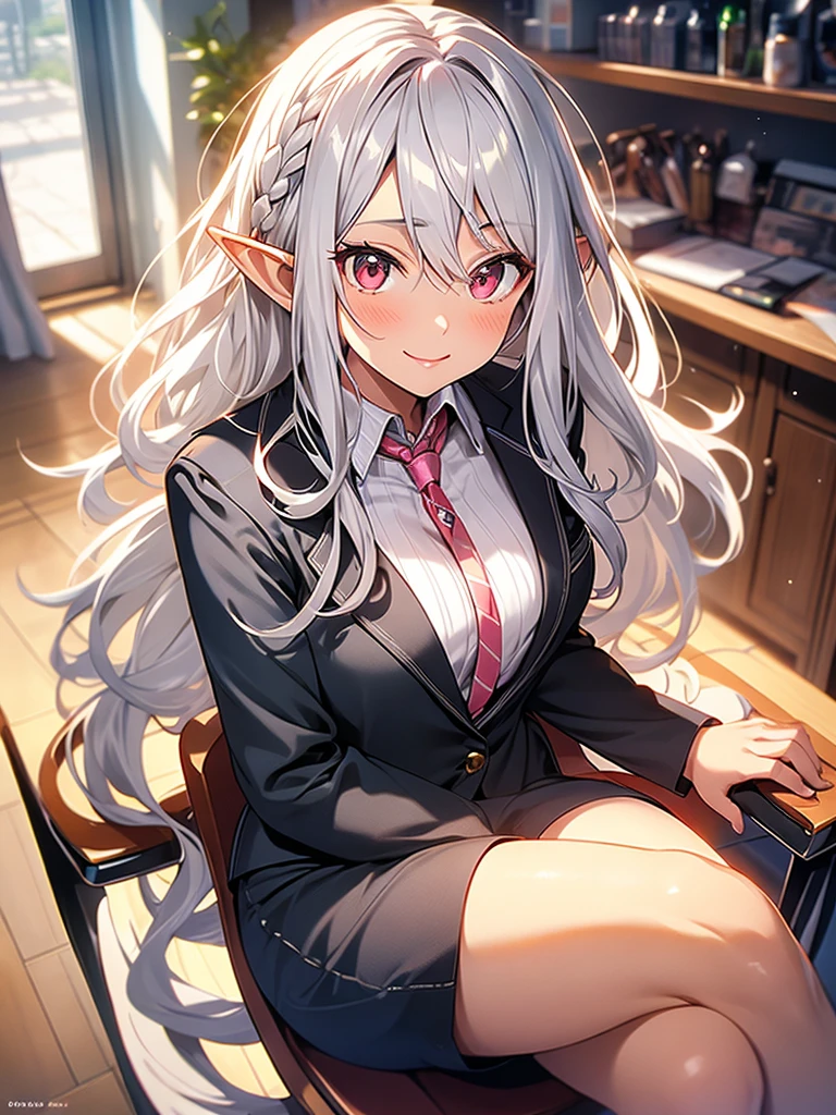 An elf woman, very dark tanned skin, beautiful silver hair, pointed ears, beautiful red eyes, thick pink lips, business suit, sitting in a business chair, upper body description, smiling gently, open your lips