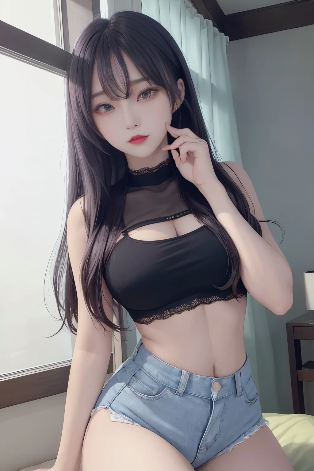 photorealistic, high resolution, 1 girl, long hair, korean, beauty eyes, sexy shirt, skimpy tight black shorts, thick thighs,crop top sexy, lace underwear, yellow, red, blue, pink, purple, violet, green, cyan,