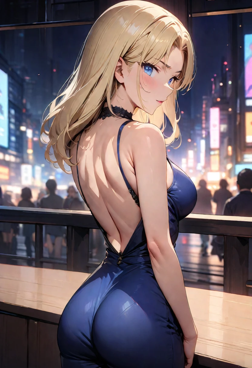  (best quality,4K,8k,high resolution,masterpiece:1.4),（Ultra Detailed,Practical,:1.3）,Blue foreground,Depth of Field,From the back,Looking at the audience,look back，City Lights,Motion Blur,night,Decorative，blonde，full-body shot，Perfect body，Tempting，Anime style