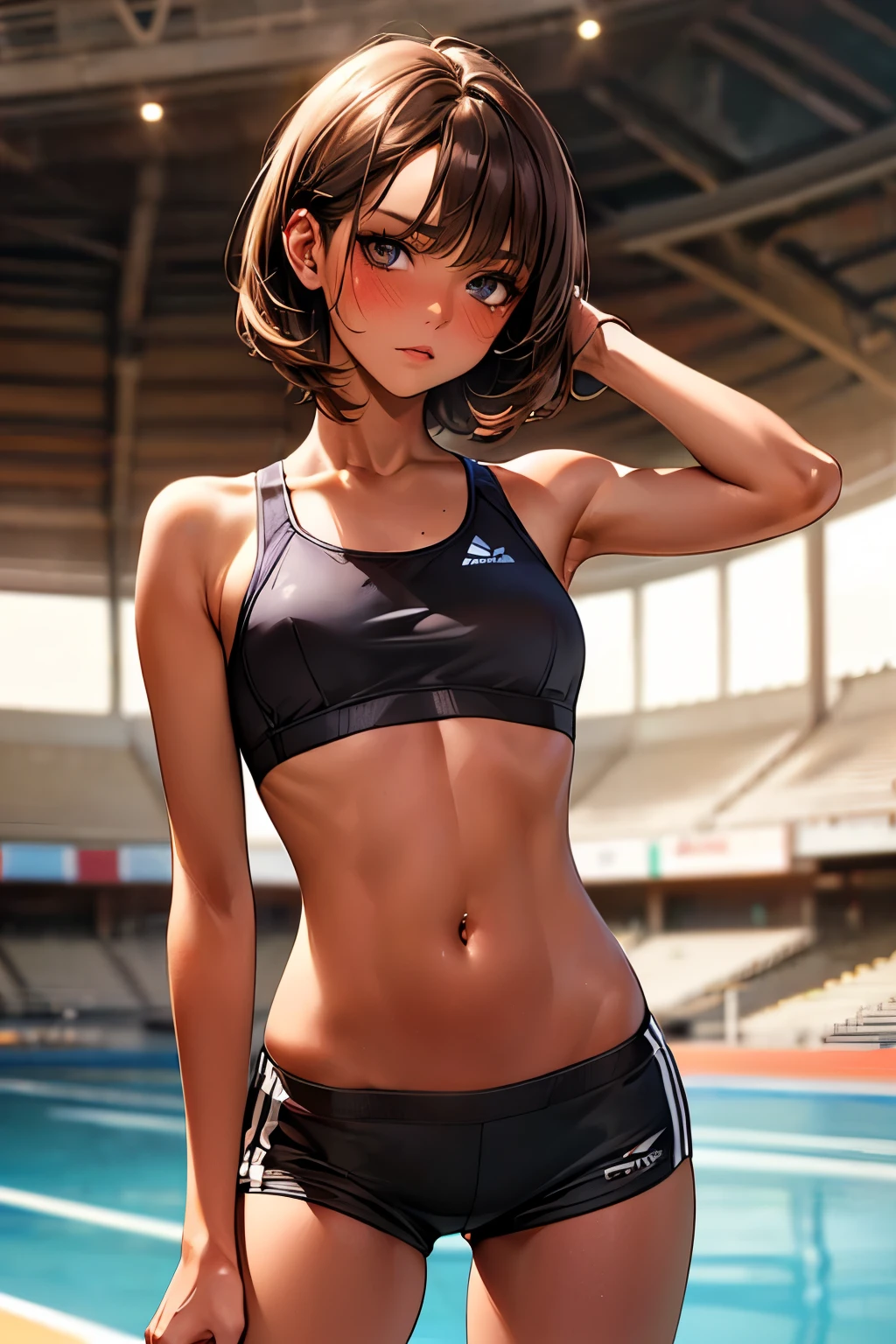 ((perfect anatomy:1.2,realistic:1.5,RAW Photography:1.5,masterpiece、highest quality、Ultra - High resolution、High resolution、Highly detailed CG、8K)),cowboy shot,1 female,solo、18 year old beauty,Japanese,((beautiful detailed face and eyes:1.3,gorgeous eyes:1.3,black eyes)),brown hair,short bob hair,straight hair,bangs,blush,((medium breasts,slender body,small head:1.3,skinny)),(brown skin:1.5),(gleaming skin,oily skin,shiny skin),(Black sports bra、Black sports shorts、navel),standing,Athletics Stadium、