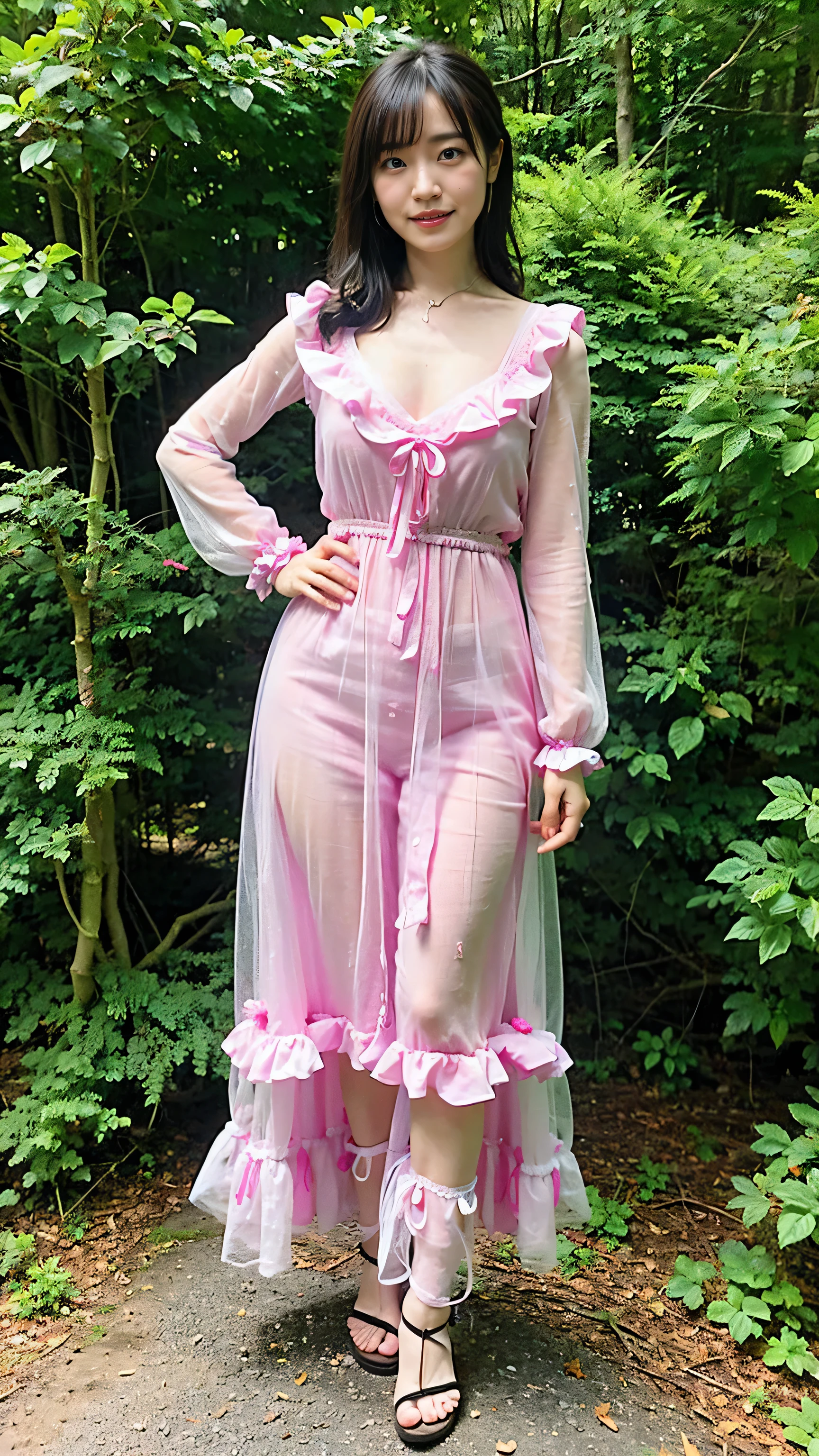 (8k、RAW Photos、highest quality、masterpiece:1.2)、(Realistic、Realistic)、1 girl、((Pink Dress、Frills、See-through、Fluttering in the wind、Sandals、ribbon、Large Breasts、View from the front、Standing with hands on hips、in the forest、))、Lots of eyelashes、Glowing eyelids、skeletally correct