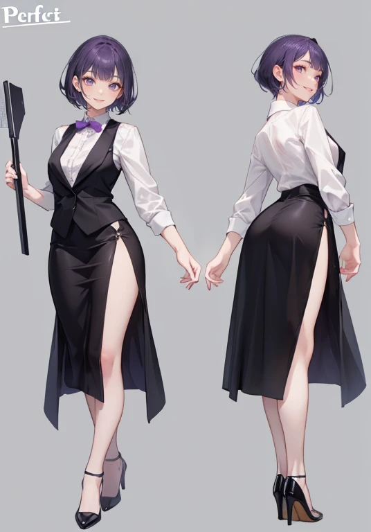 ((Perfect Face)),Purple Hair,short hair,1 female,bartender,,Black vest,skirt,slit,High heels,((Simple light color background)),((smile)),((Full Body)),((full body)),Portraits,Character Sheet,upright,