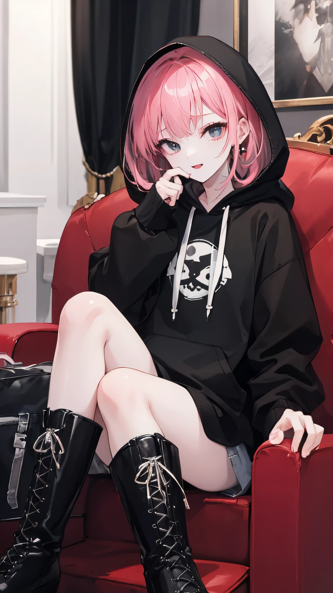 8k,Super Detailed Game CG, (High resolution:1.1),(Absurd:1.1), highest quality, 超High resolution, Highest resolution, Very detailed, One girl,cute、contemptuous 、disdain、lovehotel、Hotel、Sitting、
black and White hoodie、Red and black hoodie、White hoodie、Crossing your legs、Black platform boots、Black platform boots、Perfect Fingers、(foot focus)、
Black Hair、Black Hairロング、Pink Hair、black eye、