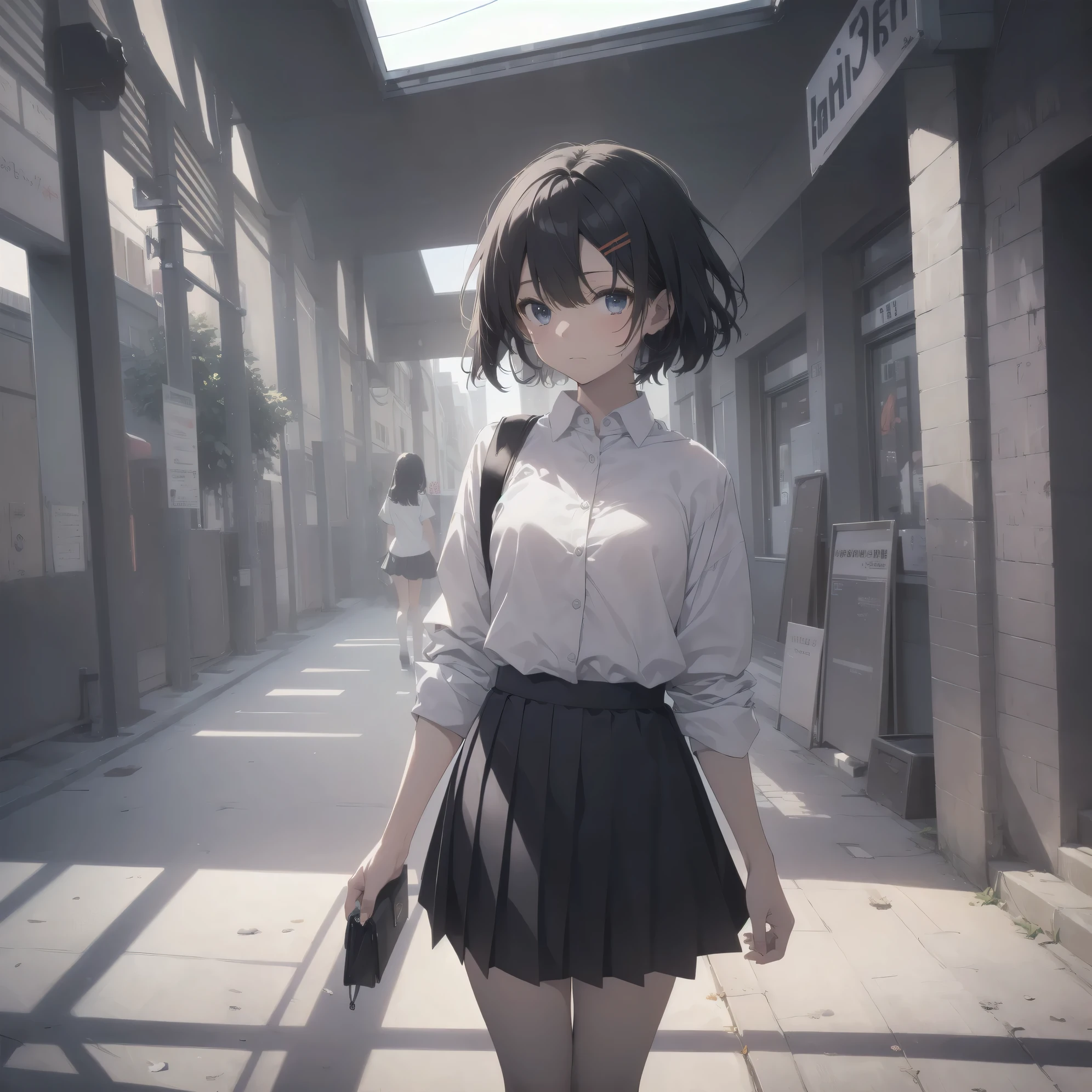 ultra-absurdres-Top quality by artist God, ultra-detailed, high resolution, anime moe artstyle, best anime 8k konachan wallpaper, pixiv contest winner, pool:2810, perfect anatomy,break, 1girl, (Please draw a girl walking sleepily to school alone. )break,(Solo,little female, 13-year-old:1.3),Full limbs, complete fingers,a junior high school student,  (very short hair), short cut, flat chest, , small butt, small black eyes, beautiful detailed eyes, well-proportioned iris and pupils, expressive eyes, highres detailed hair, soft expression, school_uniform, bowtie, collared shirt.  pleated skirt,(Detailed Lighting), (Detailed background), in the School commute route. break,super detailed skin, Best cinematic lighting powered by famous artist, 8k,beauty illustration,photoshop_(medium),very aesthetic,break,((artist:ningen mame )), artist:bolze ,artist:oyari ashito ,artist:kantoku ,