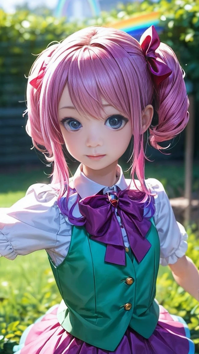 Anime girl with pink hair and a ribbon in her hair, Cute realistic portrait, Gweitz, Magical Girl Portrait, Cute Characters, Cute art style, Anime Moe Art Style, MapleStory character art, green空、cute portrait, Cute Anime Girl Portrait, Small person portrait, artwork in the style of Gweitz, Splash Art Anime Loli, white leotard. (((Rainbow Hair, Colorful Hair, Half purple、半分はgreenの髪: 1.2))), 、Twin tails、green、lavender、Rose print skirt、lavenderが舞い散る