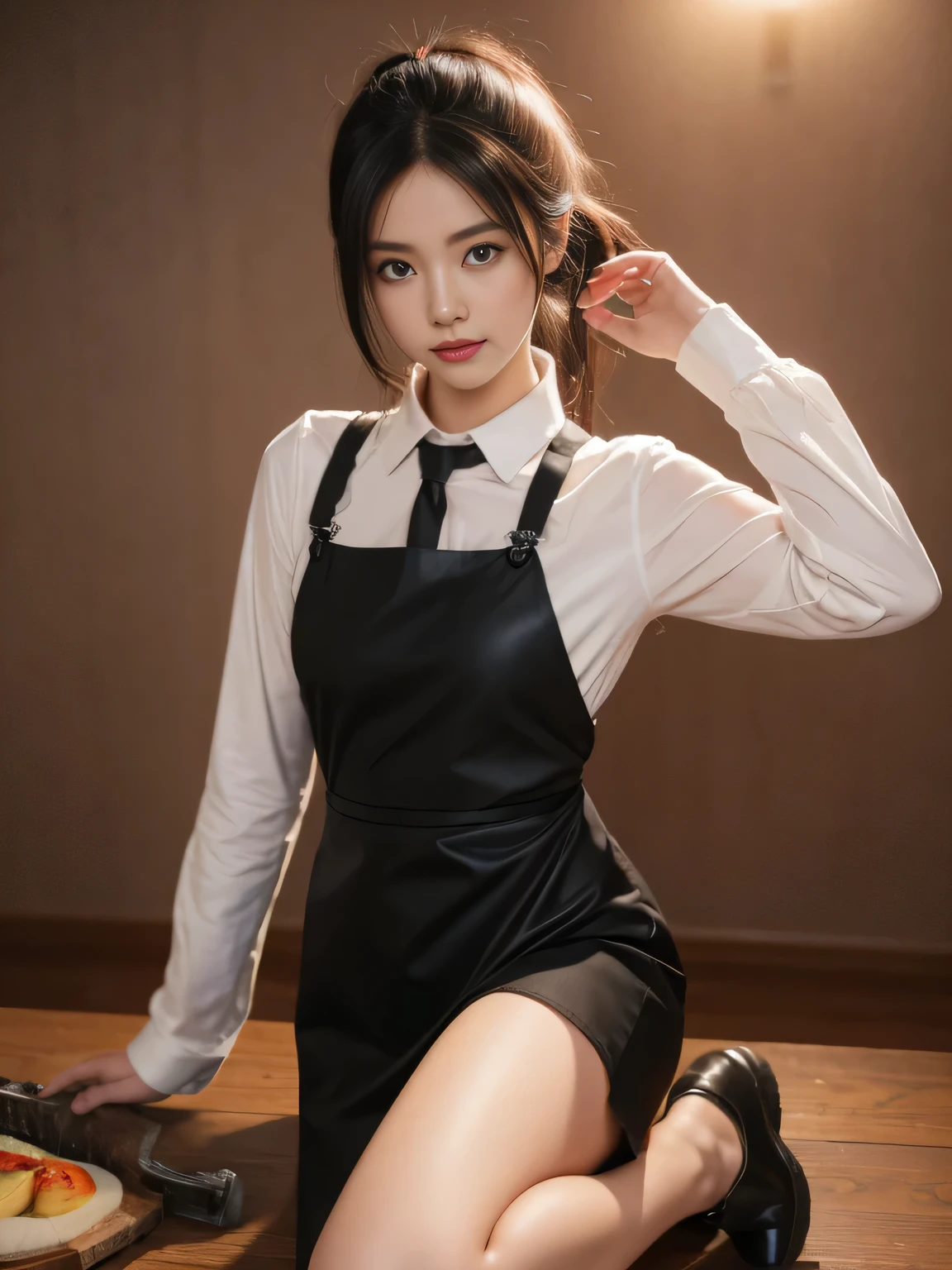 black hair, hair bobbles, wince, longeyelashes, solid circle eyes, light smile, ear blush, fang, Surrealism, drop shadow, anaglyph, stereogram, tachi-e, pov, atmospheric perspective, 8k, super detail, ccurate, best quality，(Surrealism), (illustration), (high resolution), (8k), (Extremely detailed), (Best illustration), road ( Chainsaw man ), (Beautiful delicate eyes), (best quality), (Super detailed), (On the table), (wallpaper), (Delicate face), Solitary, Upper Body, focus on face, 1 girl, Black long hair, Korean, Thin eye shadow, Delicate eyes, Brown eyes, There is a small mole under the eye, The legs are slender,Long-sleeved shirt, Neck arch, Small Breasts,Black leather shoes,Apron Dress, Dynamic poses, Low light, night, dark, cloud, Night,With a chainsaw,