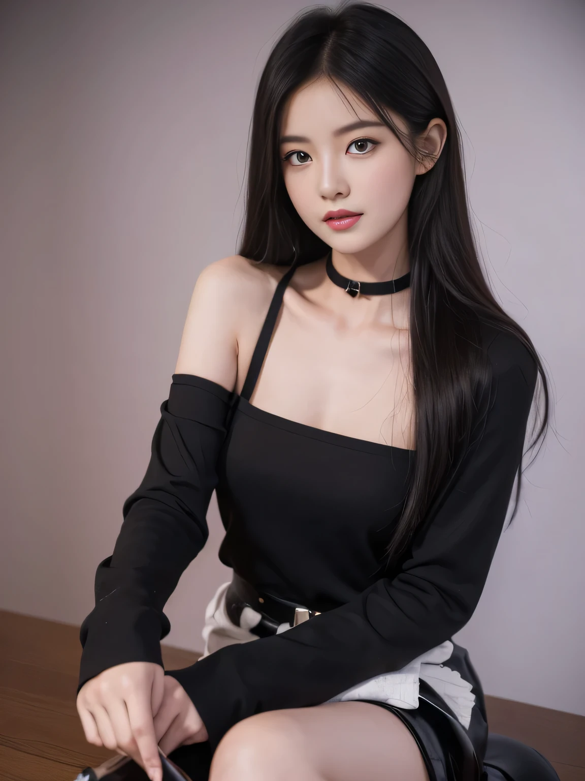black hair, hair bobbles, wince, longeyelashes, solid circle eyes, light smile, ear blush, fang, Surrealism, drop shadow, anaglyph, stereogram, tachi-e, pov, atmospheric perspective, 8k, super detail, ccurate, best quality,(Surrealism), (illustration), (high resolution), (8k), (Extremely detailed), (Best illustration), road ( Chainsaw man ), (Beautiful delicate eyes), (best quality), (Super detailed), (On the table), (wallpaper), (Delicate face), Solitary, Upper Body, focus on face, 1 girl, Black long hair, Korean, Thin eye shadow, Delicate eyes, Brown eyes, There is a small mole under the eye, The legs are slender,Long-sleeved shirt, Neck arch, Small Breasts,Black leather shoes,Apron Dress, Dynamic poses, Low light, night, dark, cloud, Night,With a chainsaw,
