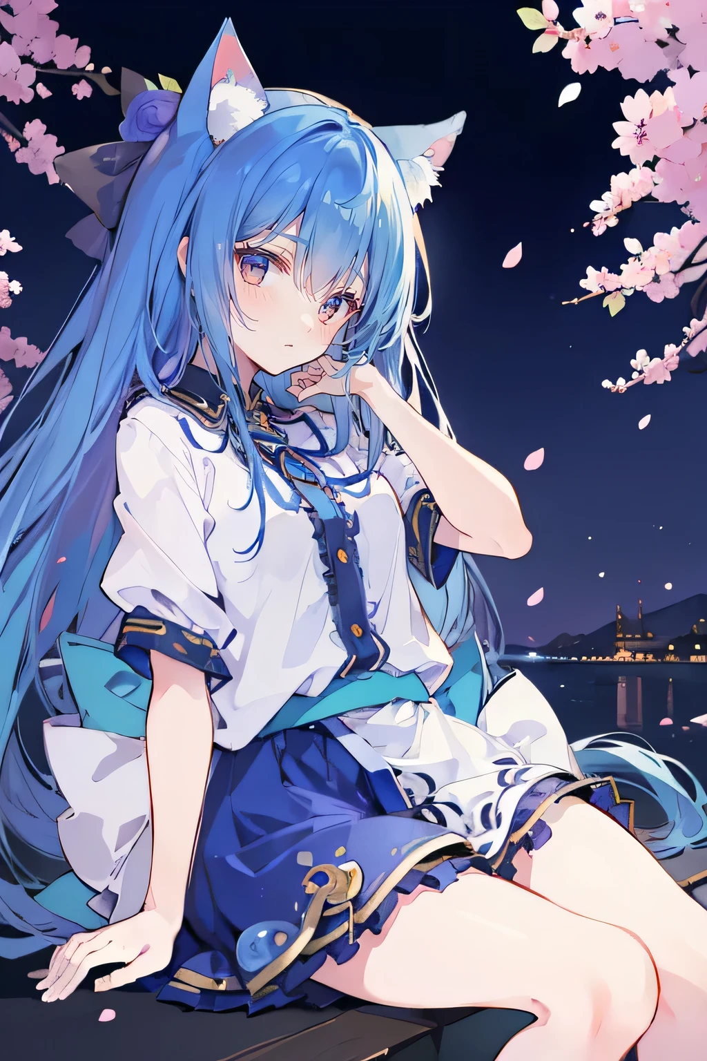 (masterpiece:1.2),ultra-detailed,realistic,expressive eyes,fair-skinned,perfectly shaped face,1girl,
Japanese cartoons,Gorgeous blue hair, flowing blue hair,floating clothes,cat ears,petals falling,beautiful Lola,Hina Angel,
hands on waist,gracefully sitting on the ground,legs crossed,gentle and serene background,cool and comfortable pavilion,night ,