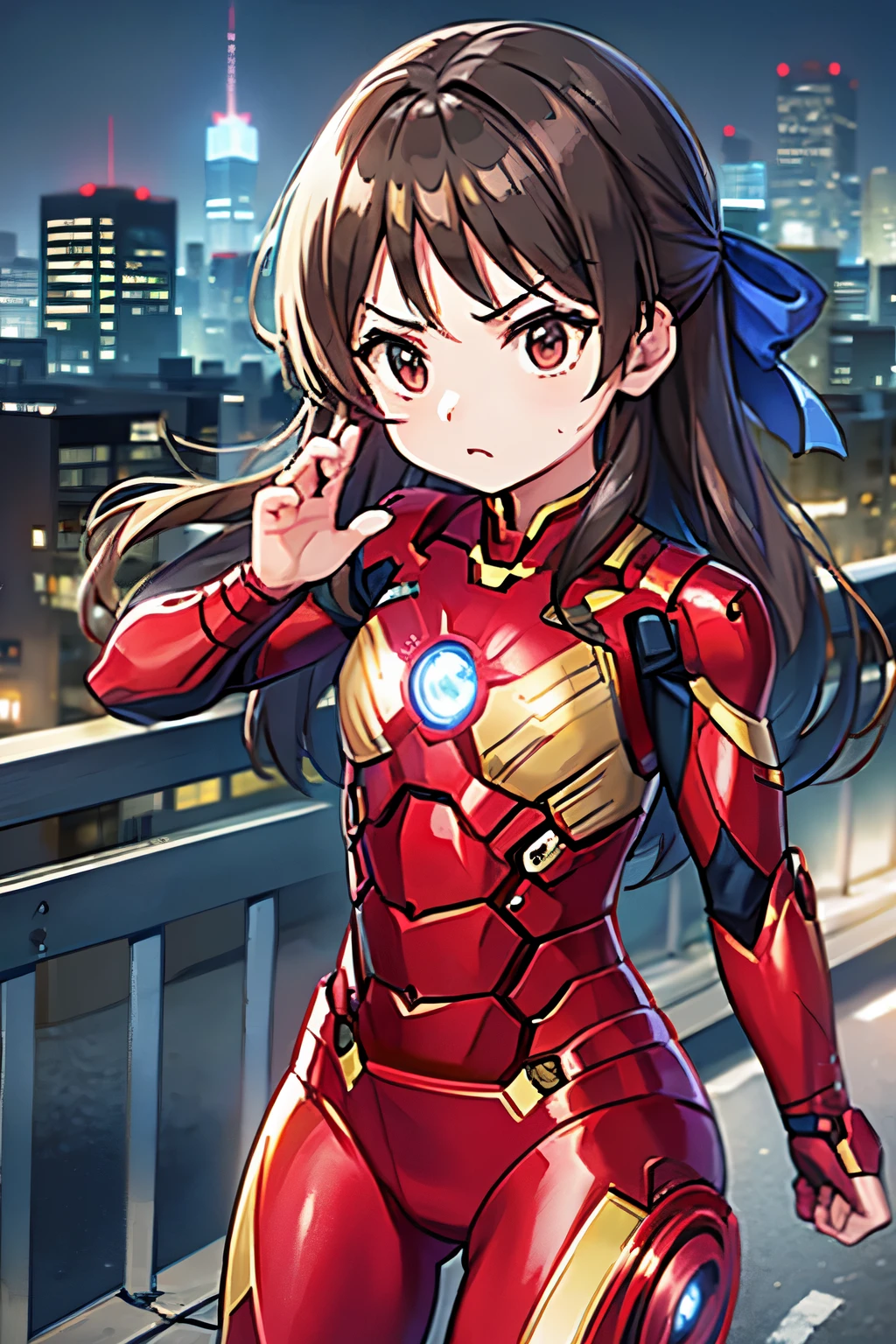 Primary school students、child、Long Hair、((Small breasts、Small breasts、child体型、Angry、injured body、Blue ribbon))、((iron man suit))、City of night、Rooftop、Boxing stance、8 year old 、Fight the enemy、A body covered in scars、Struggled、Sweating profusely