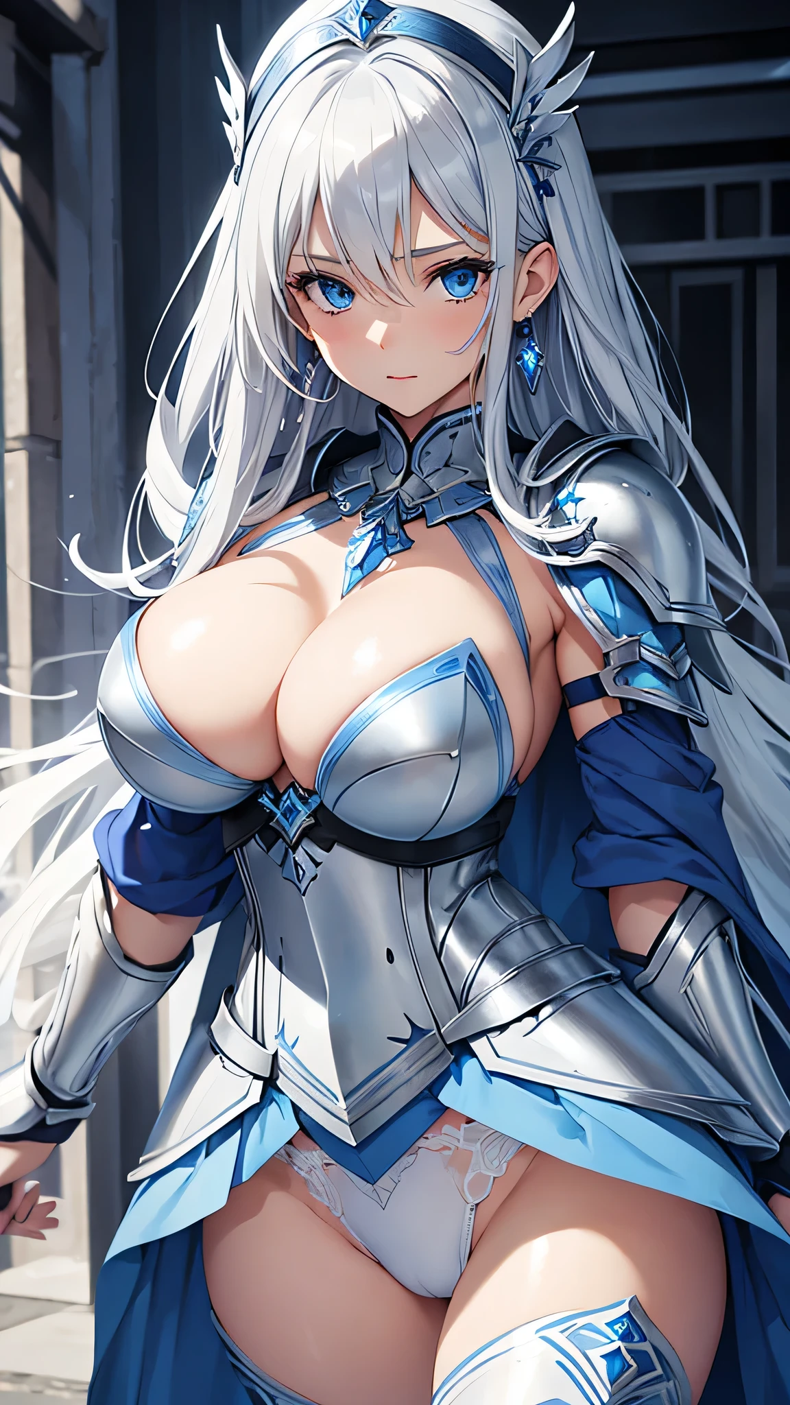 beautiful girl, Gray Hair, blue eyes,blue eyes,Blue armor that looks like underwear, ((white decoration:1.1))、blue cloak、Large Breasts、((Firm breasts:1.3)),to close range、Blue earrings、Blue Necklace