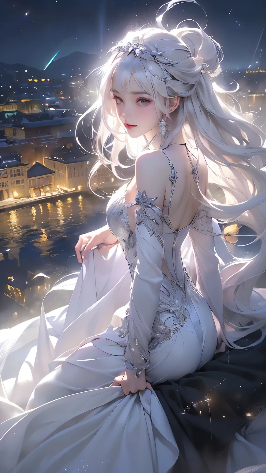 (((From the knee up)), Night view, Stella, (((masterpiece:1.5, detailed:1.4)),, A girl sitting, viewed from above、Backlight, A fantastic atmosphere envelopes the ancient city as the sun sets。At the center of this magical moment is a woman、(White Hair Girl:1.5)and、Her glorious hair、(Backlight)A waterfall of sparkling white threads flows down below.。It exudes a mysterious charm、Suspended particles bloom in the surrounding air、Her beautiful、（Beautiful white and shining skin:1.3）Casts a mysterious glow on。the((A dress as black as the night sky))It is beautiful and decorated、The exposed shoulders give it a feminine look.
