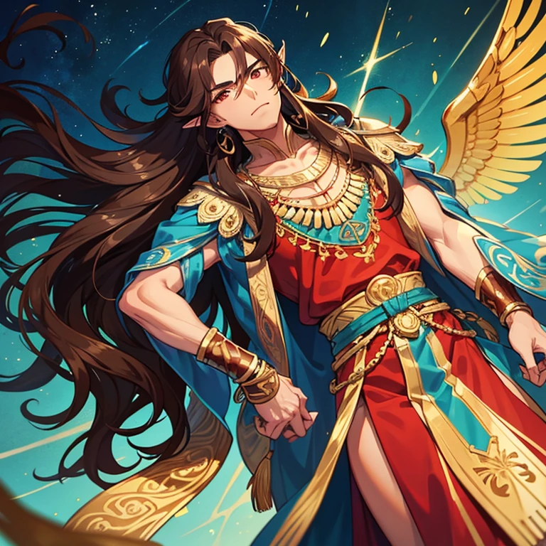 Tall manly man, tanned complexion, long loose wavy brown hair, red eyes, pointed ears, wearing blue, green and gold mesopotamia clothing, 2 brown wings on back