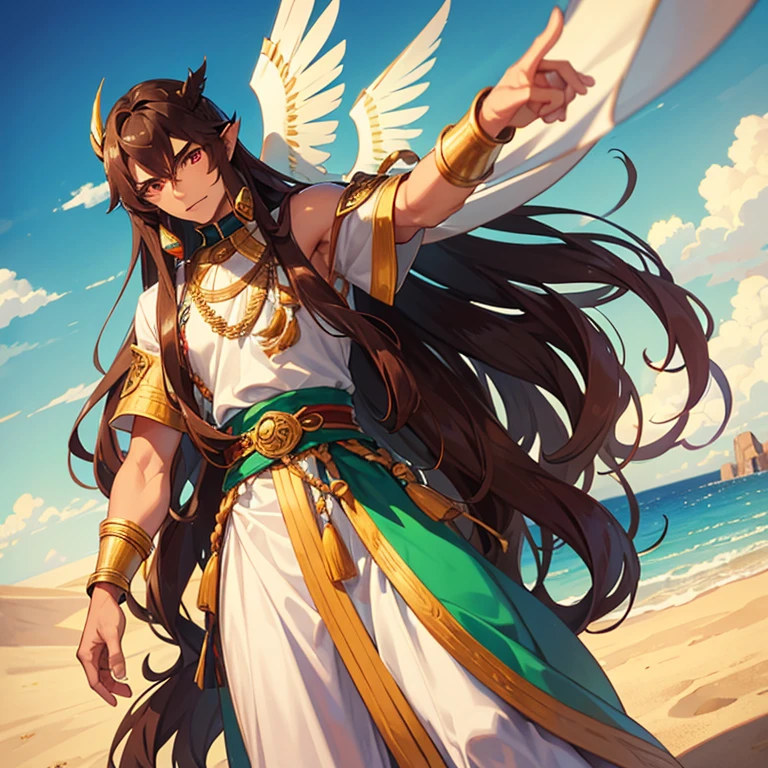Tall manly man, tanned complexion, long loose wavy brown hair, red eyes, pointed ears, wearing blue, green and gold mesopotamia clothing, 2 brown wings on back