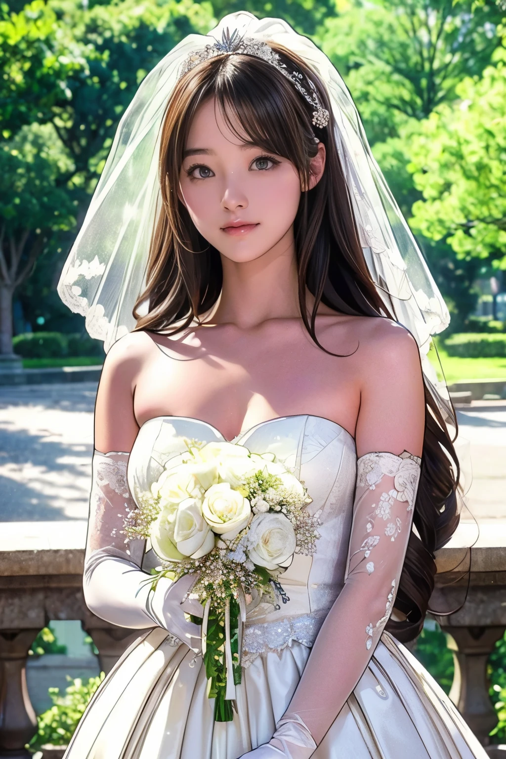 yuigahama yui, Hair between the eyes, alcohol, Brown Hair, star \(symbol\), hair accessory, skirt, Split, shoulder, clavicle, White long elbow gloves, White gloves, white skirt, white collar, Strapless, Head flower，bouquet，Veil, Strapless skirt, wedding skirt, bridal Veil, Beautiful woman, perfectionなボディ, perfection, wearing a wedding skirt, Night dress, On a tree in the park, Wedding decorations, A gentle smile, reality, masterpiece, Textured skin, Super detailed, Attention to detail, high quality, 最high quality, 1080p, 16k