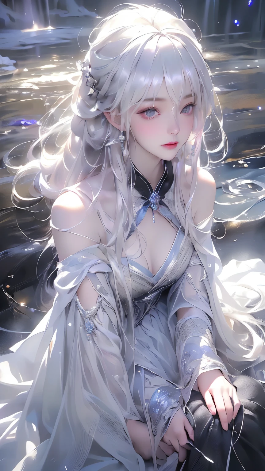 (((From the knee up)), Night view, Stella, (((masterpiece:1.5, detailed:1.4)),, A girl sitting, viewed from above、Backlight, A fantastic atmosphere envelopes the ancient city as the sun sets。At the center of this magical moment is a woman、(White Hair Girl:1.5)and、Her glorious hair、(Backlight)A waterfall of sparkling white threads flows down below.。It exudes a mysterious charm、Suspended particles bloom in the surrounding air、Her beautiful、(Beautiful white and shining skin:1.3)Casts a mysterious glow on。the((A dress as black as the night sky))It is beautiful and decorated、The exposed shoulders give it a feminine look.