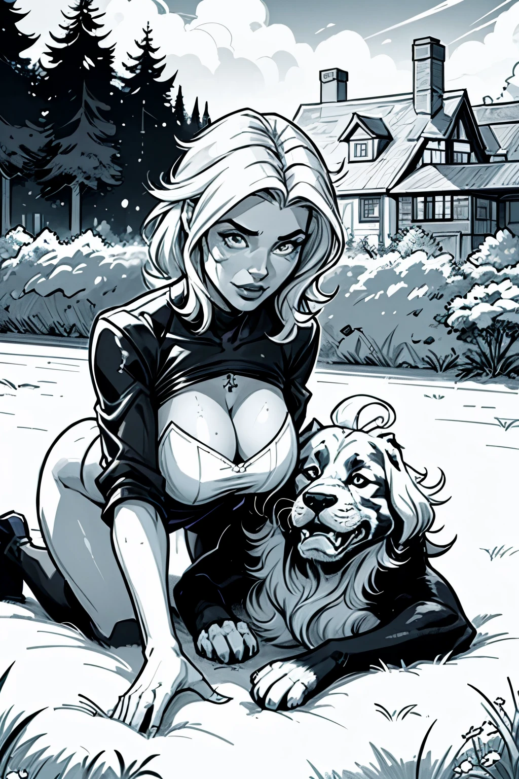 "Zeichne eine Szene im Comic-Stil, in der ein verspielter Hund und eine neugierige Katze gemeinsam im Garten herumtollen. Der Hund jagt einem Ball hinterher, while the cat tries, ihm hinterherzukommen. The scene is in black and white and shows the joy and energy of the two animals while playing. Die Umgebung kann mit ein paar einfachen Linien und Details dargestellt werden, um die Fantasie der Kinder anzuregen, while coloring the picture."