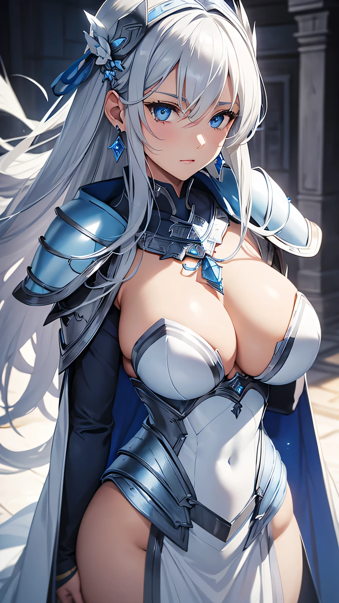 beautiful girl, Gray Hair, blue eyes,blue eyes,Blue armor that looks like underwear, ((white decoration:1.1))、blue cloak、Large Breasts、((Firm breasts:1.3)),to close range、Blue earrings、Blue Necklace