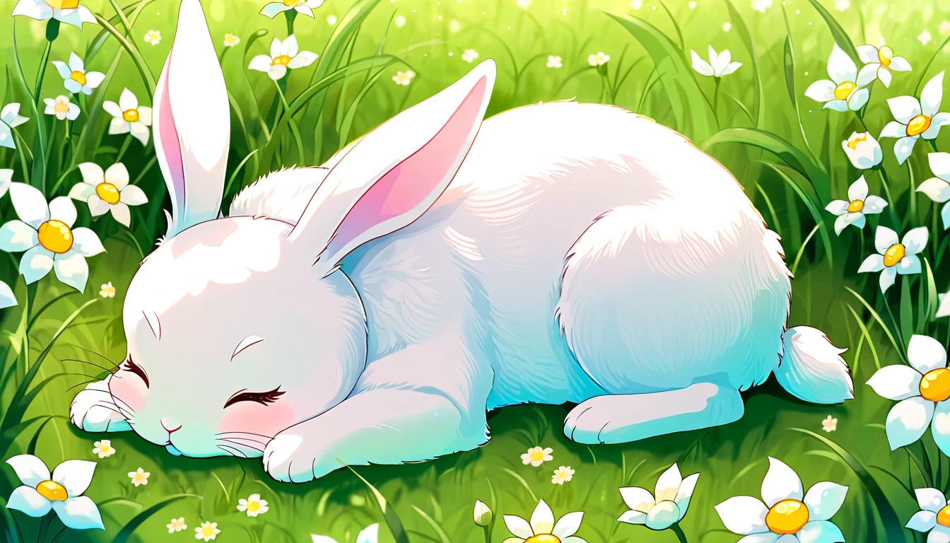  cute ふわふわ, Original Chibi Rabbit, fantasy, cute, rabbit,An illustration, grassland,Girly Bunny,Sleeping peacefully,