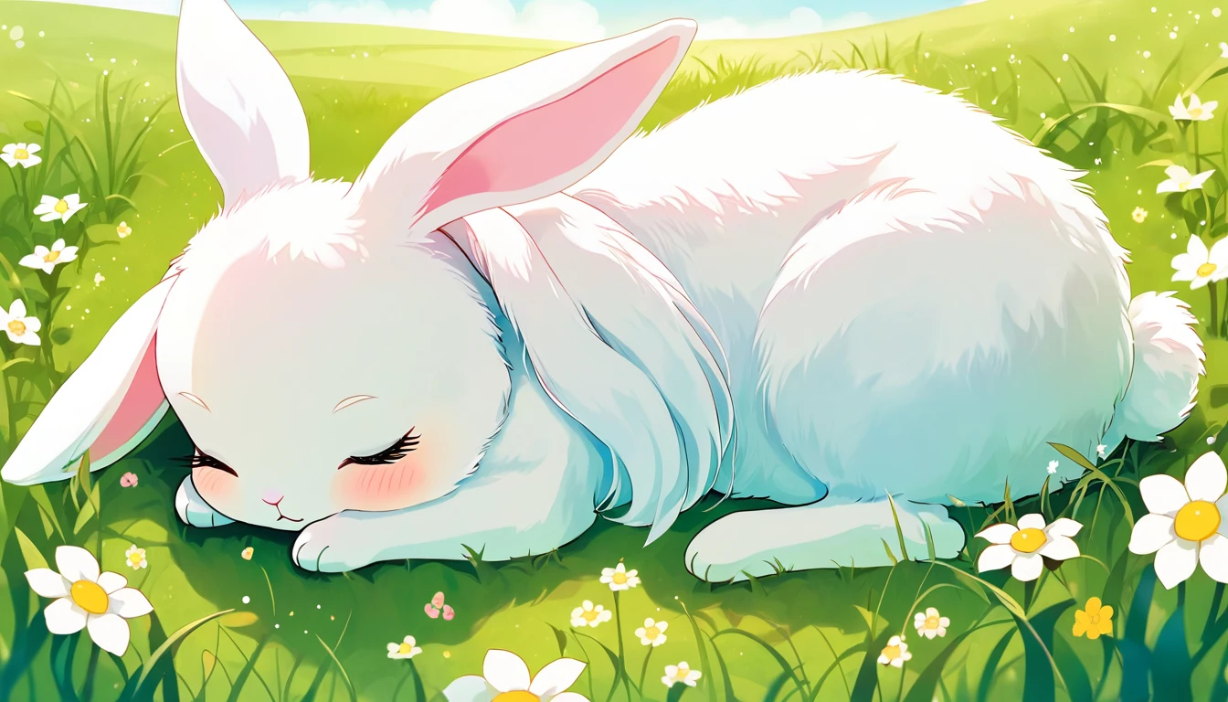  cute ふわふわ, Original Chibi Rabbit, fantasy, cute, rabbit,An illustration, grassland,Girly Bunny,Sleeping peacefully,