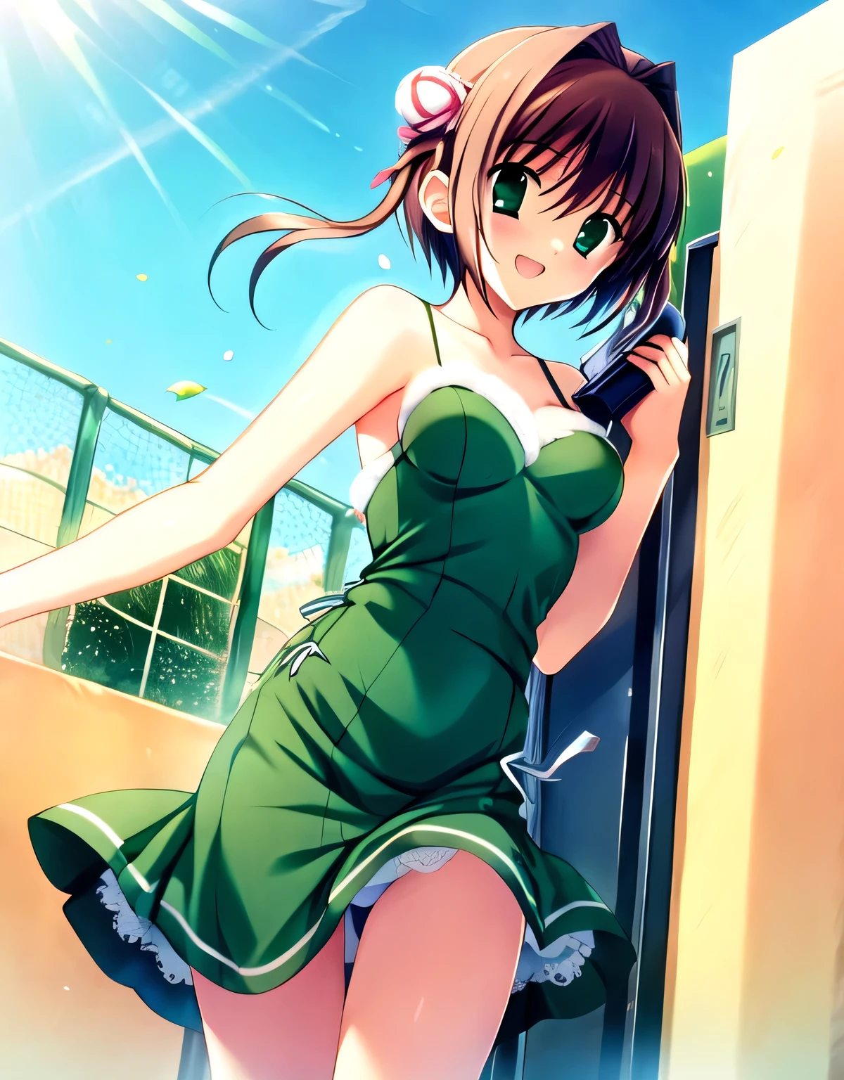 asakura_yume,Brown Hair,Medium Chest,Aqua Eye,White skin,((locker room)),((Are standing)),((Bust up shot)),(((((green_Changing into a summer dress))))),((valley)),No bra,topless,smile,Open your mouth,