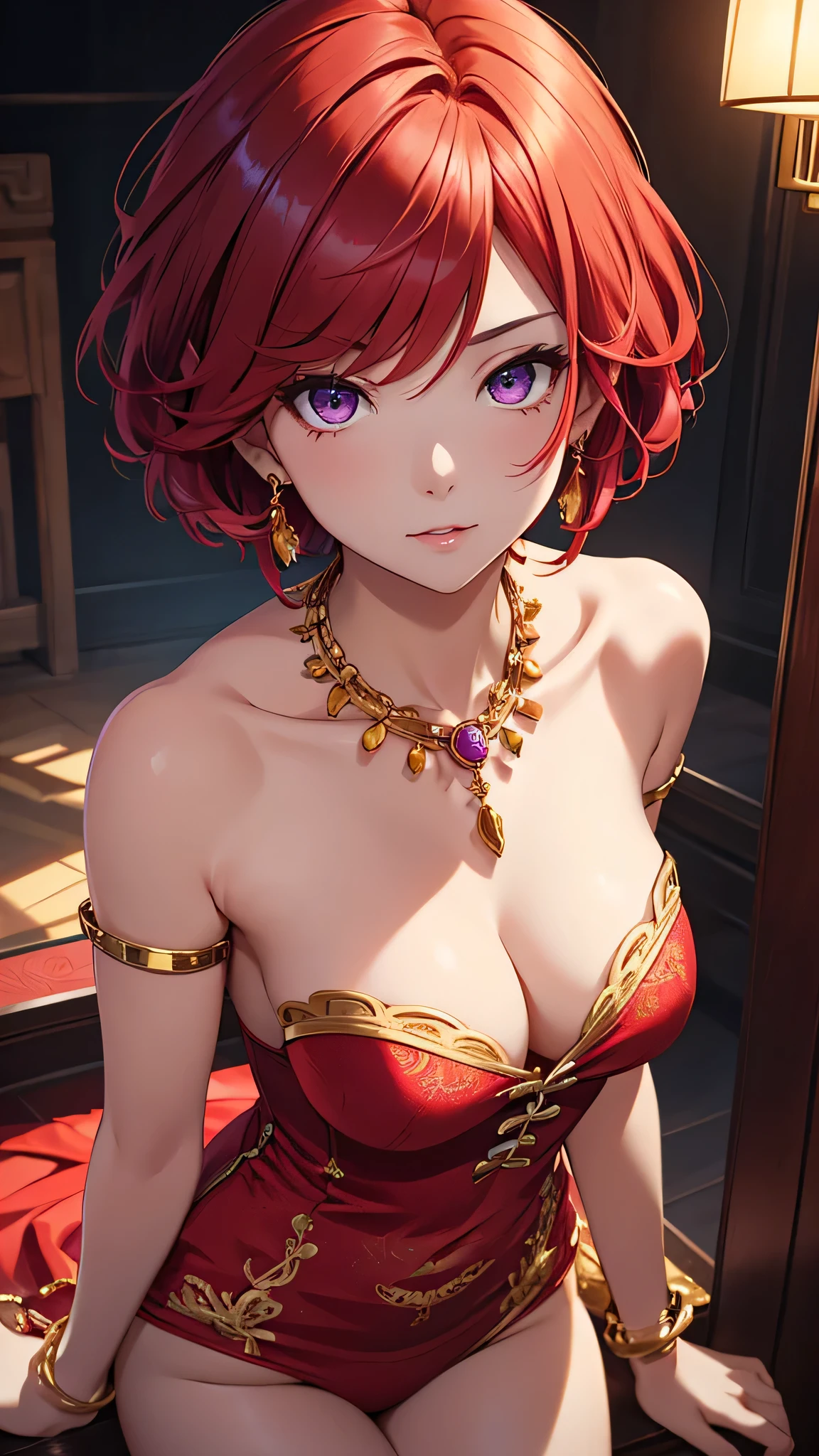 Highest quality、highest quality、Highest Resolution、beautiful girl, Bright red hair,Short Hair、Hair clip, Detailed purple eyes, Chinese dress as underwear,Firm breasts,Gold Necklace、Golden earrings、In close range