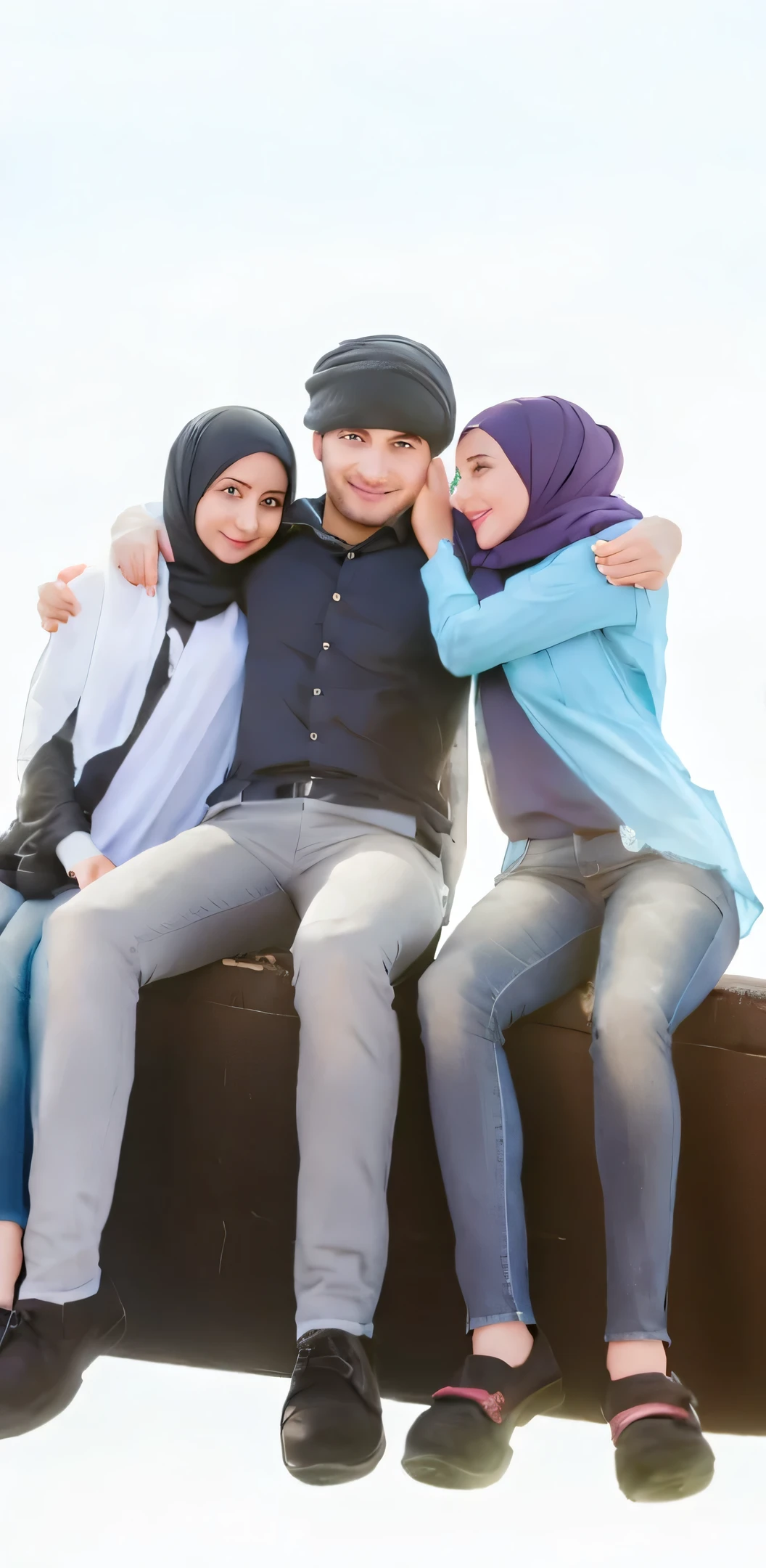 2 hijab girls propose to 1 man, blue eyes for girl, urban background, black background