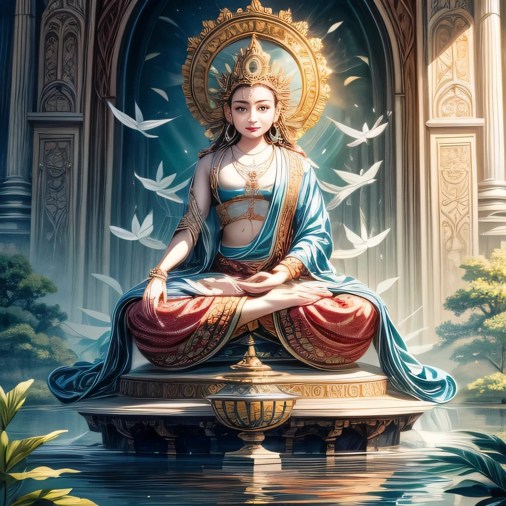 ((best quality)), ((masterpiece)), (detailed) ,
((tangka,1girl)),water,mountain,jewelry, necklace, bracelet, shawl, dress,earrings, leaf, moon,  plant, cloud, flower, white flower, extra arms, statue, fine art parody, crown, tree,bird, lotus, fruit, food,indian style,long sleeves, pink flower,