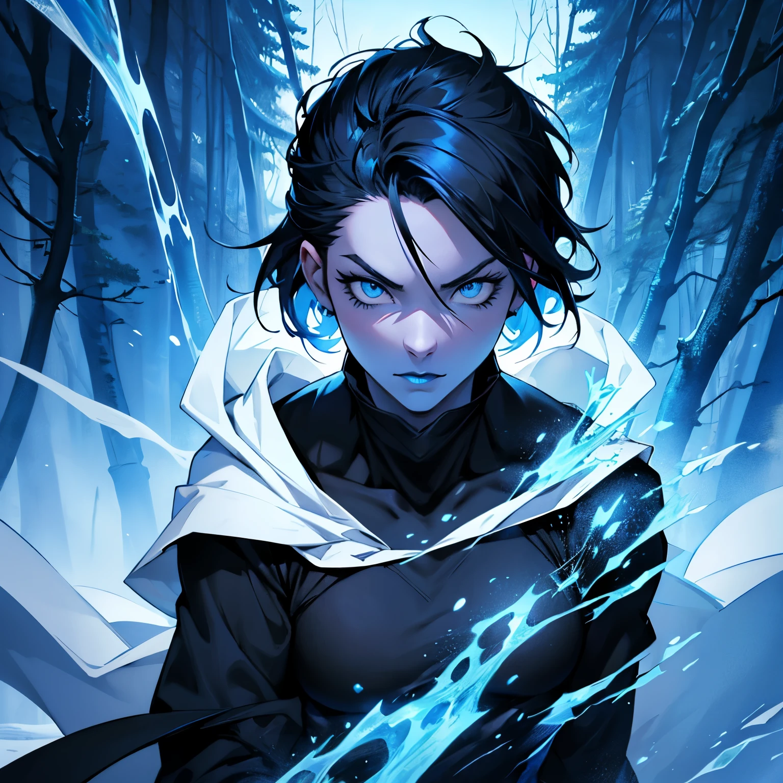 Ninja Woman, White cloak, short hair, Black hair,  blue eyes,  hands, ice themed, black pants, blue top clothes, ninja pose, forest background, blue lipstick