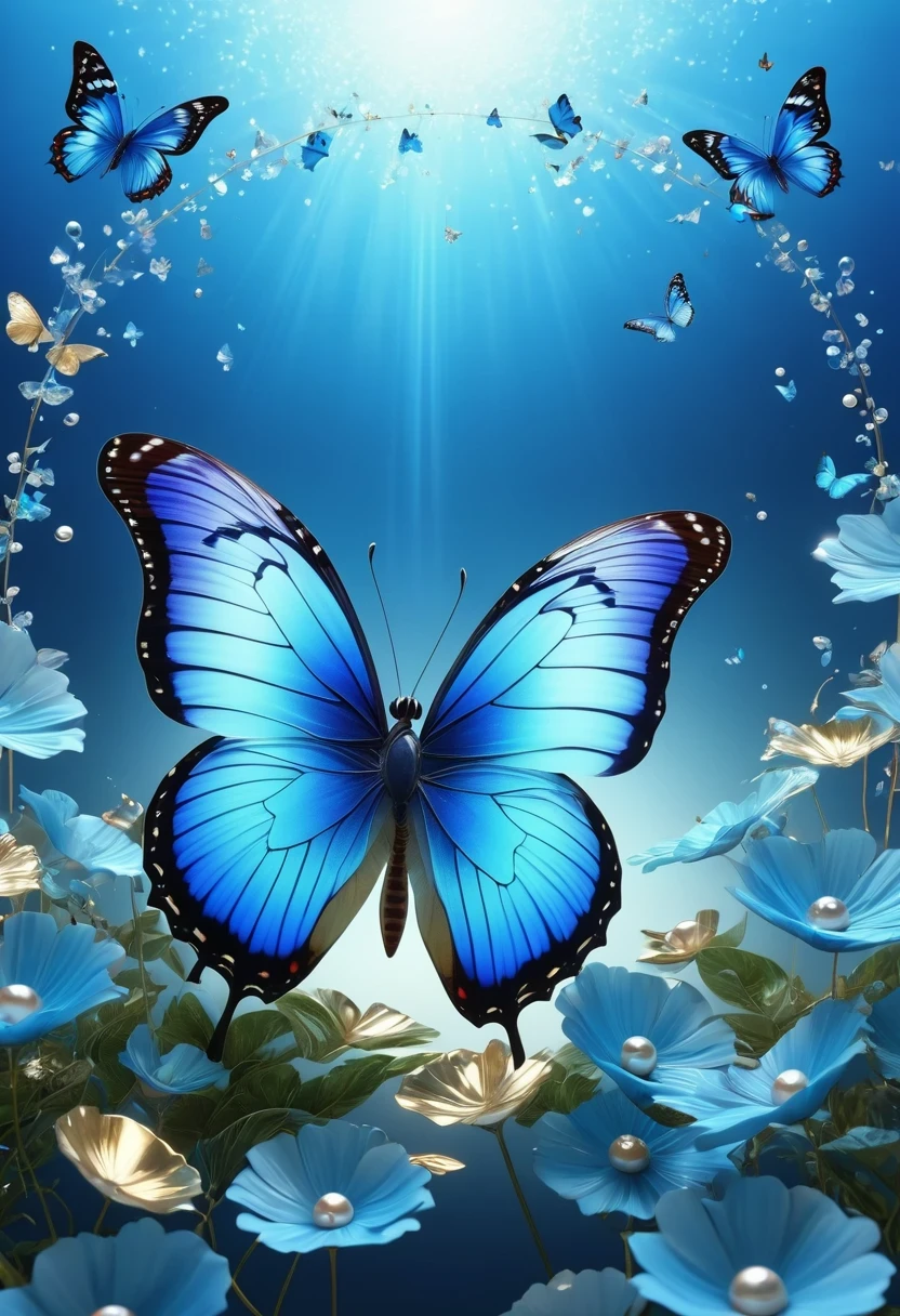 best quality,perfect masterpiece,Perfect work of art,Business,8k,Blue transparent butterfly，blue，Kaneko,Pearl hallucination,(The front is centered),(Centrosymmetric)，3S Materials,HD,Detailed performance,C4D,。.3D,Octane Rendering,Ray Tracing,Intricate details,Animated Lighting,Renderer,