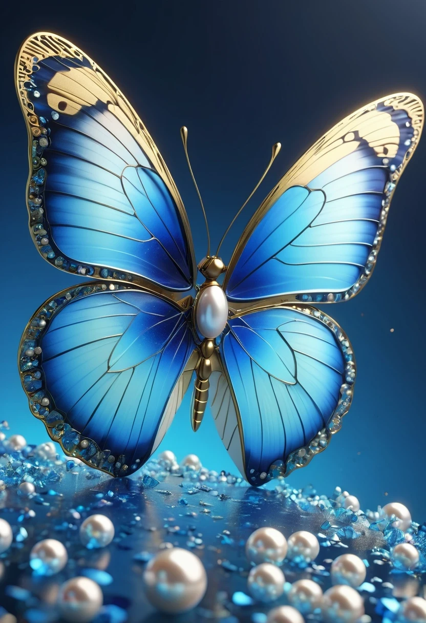 best quality,perfect masterpiece,Perfect work of art,Business,8k,Blue transparent butterfly,blue,Kaneko,Pearl hallucination,(The front is centered),(Centrosymmetric),3S Materials,HD,Detailed performance,C4D,。.3D,Octane Rendering,Ray Tracing,Intricate details,Animated Lighting,Renderer,