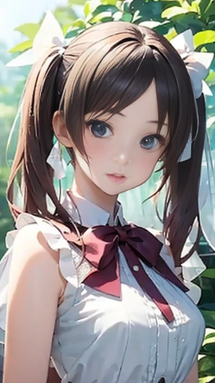 masterpiece, 1 girl, beautiful girl, smile, close up, detailed face, detailed eyes, detailed pupils, round pupils, blue eyes, brown hair, long hair, bangs, equal length bangs, small ahoge, bare shoulders, blush, medium breasts, white dress, frilly dress, looking at viewer, fantasy, european, castle in background, architecture, outdoors, best quality, high res, ultrasharp, high detail, sharp focus, dramatic, beautiful lighting, real life, intricate, caustics, subsurface scattering, reflections, (photorealistic:1.5), (ulzzang-6500:0.5), (RAW photo, 8k uhd, film grain)