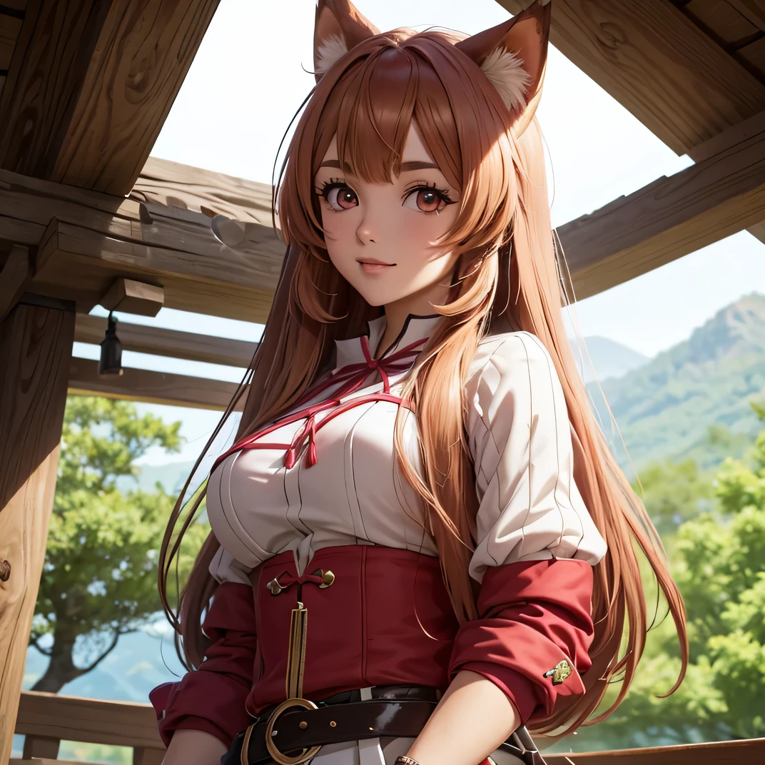 Raphtalia. beautiful woman 21 years old light skin detailed . ojos rojos brillantes. orejas de animal redondas , pechos muy grandes. rubor, rostro hermoso. sonrisa feliz, disfraz guerrea chinacolor rojo, pink flower shaped belt, pechos enormes. japanese garden background. escote. alta calidad, obra maestra orejas de animal, escote