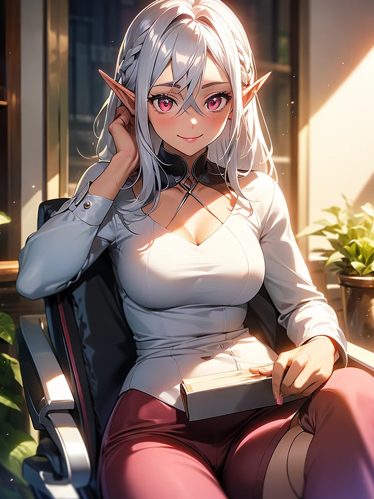 An elf woman, very dark tanned skin, beautiful silver hair, pointed ears, beautiful red eyes, thick pink lips, business suit, sitting in a business chair, upper body description, smiling gently, open lips, close up