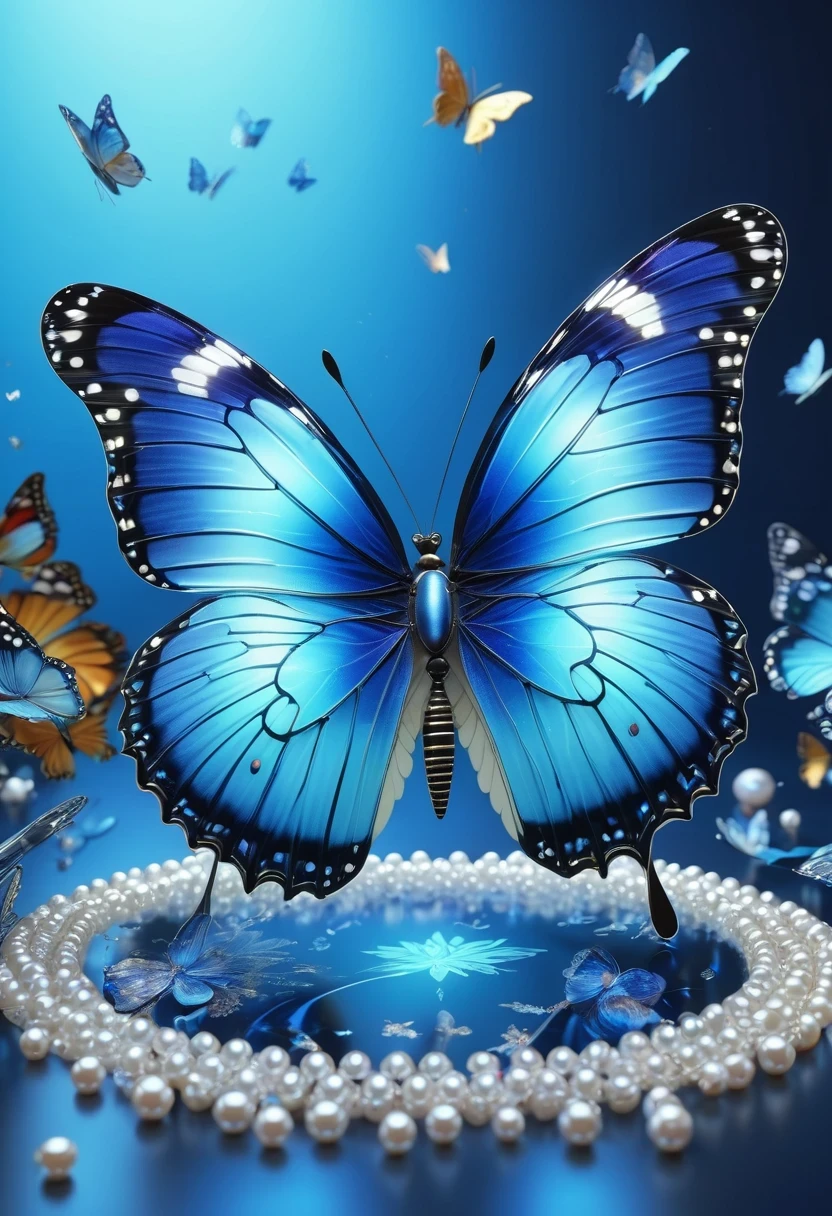 best quality,perfect masterpiece,Perfect work of art,Business,8k,Blue transparent butterfly,blue,Kaneko,Pearl hallucination,(The front is centered),(Centrosymmetric),3S Materials,HD,Detailed performance,C4D,。.3D,Octane Rendering,Ray Tracing,Intricate details,Animated Lighting,Renderer,