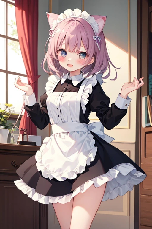 Beautiful illustrations, highest quality, かわいいgirl,beautiful girl、Clear Face、 girl、blush、Perfect hands、Thighs、Cat ear、Maid服、Maid、Frills、skirt