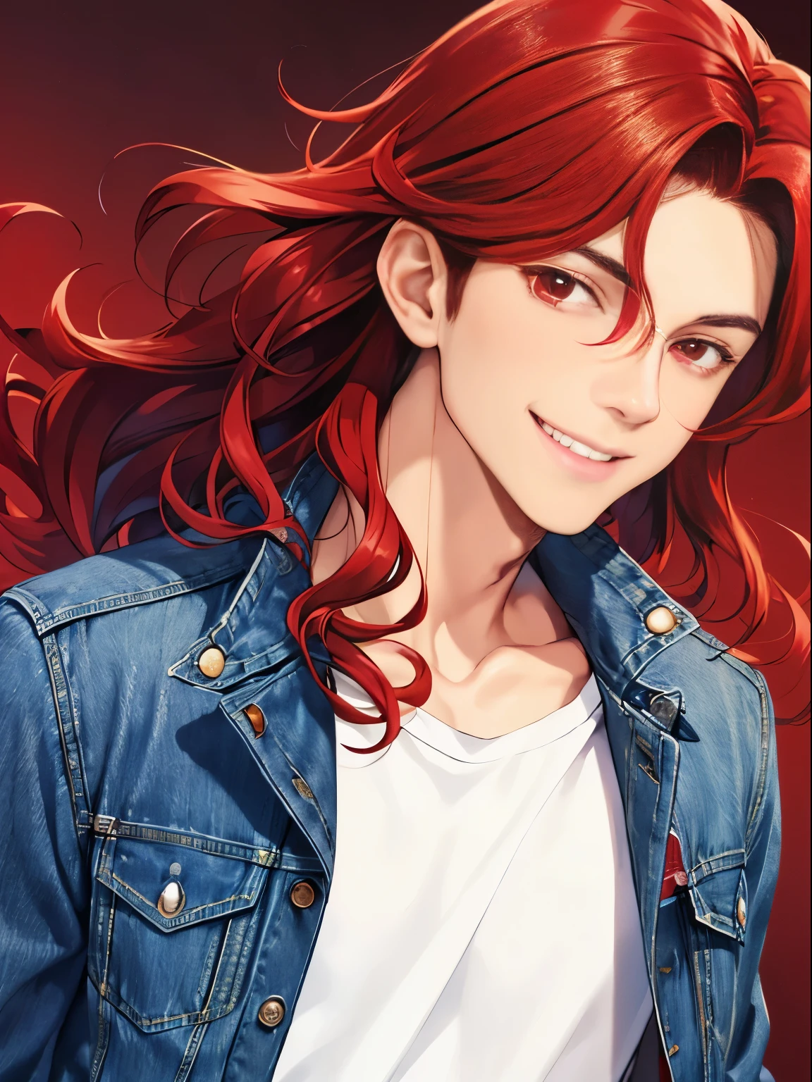 1boy, cool style,,handsome,Shoulder length hair,curly hair, red hair, denim jeans jacket, denim,black levis trousers,Detailed eyes, masterpiece, best qualityWhite t-shirt,bright red eyes, smile
