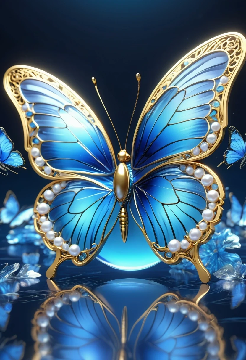 best quality,perfect masterpiece,Perfect work of art,Business,8k,Blue transparent butterfly，blue，Kaneko,Pearl hallucination,(The front is centered),(Centrosymmetric)，3S Materials,HD,Detailed performance,C4D,。.3D,Octane Rendering,Ray Tracing,Intricate details,Animated Lighting,Renderer,