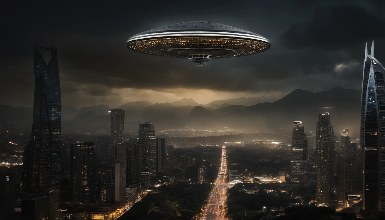 In the scenario of an alien invasion in the city of Medellin, there would be large, ominous spacecraft hovering over the skyline, casting dark shadows over the urban landscape. The alien invaders themselves might be depicted as humanoid figures with metallic armor or sleek, advanced technology. The city streets would be in chaos, with panicked civilians running and vehicles abandoned as the aliens advance. The spacecraft would emit beams of light or energy, causing destruction to buildings and infrastructure. The atmosphere would be tense and dramatic, conveying the urgency and danger of the invasion. The resulting image should capture the intensity and scale of the invasion, emphasizing the contrast between the familiar cityscape and the otherworldly threat