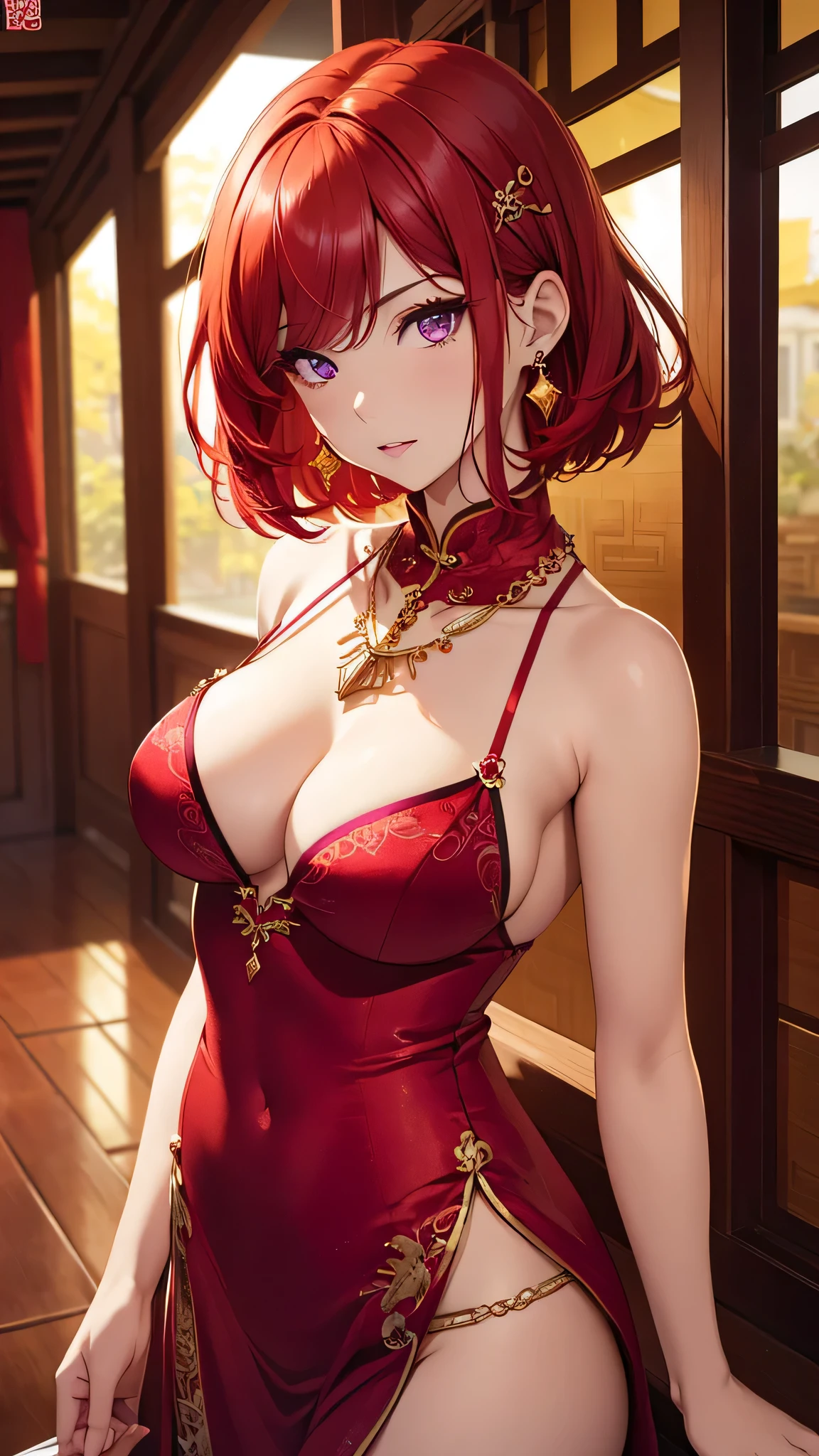 Highest quality、highest quality、Highest Resolution、beautiful girl, Bright red hair,Short Hair、Big Breasts、Hair clip, Detailed purple eyes, Chinese dress as underwear,Firm breasts,Gold Necklace、Golden earrings、In close range