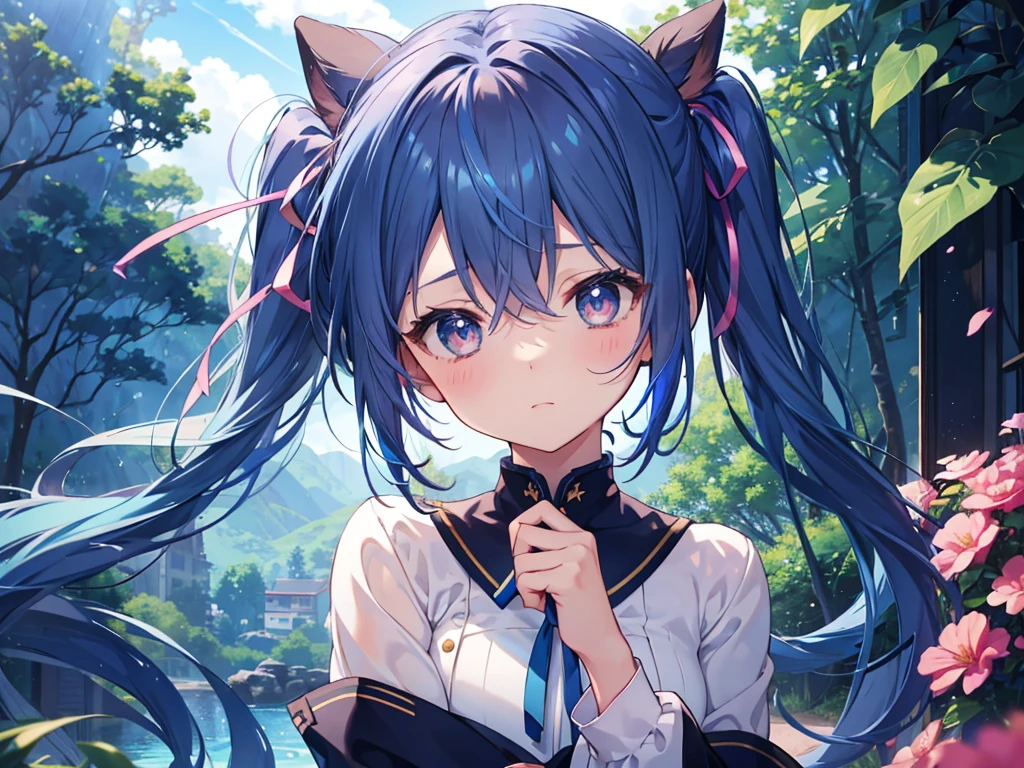 Blue Uniform, Brown eyes, Fine grain、Navy Blue Hair, Light blue hair、Multicolored Hair、Inner Color、Side Tail, 1 girl、A shy face with a blue ribbon、Pink Ribbon、Beautiful nature background、8K background、