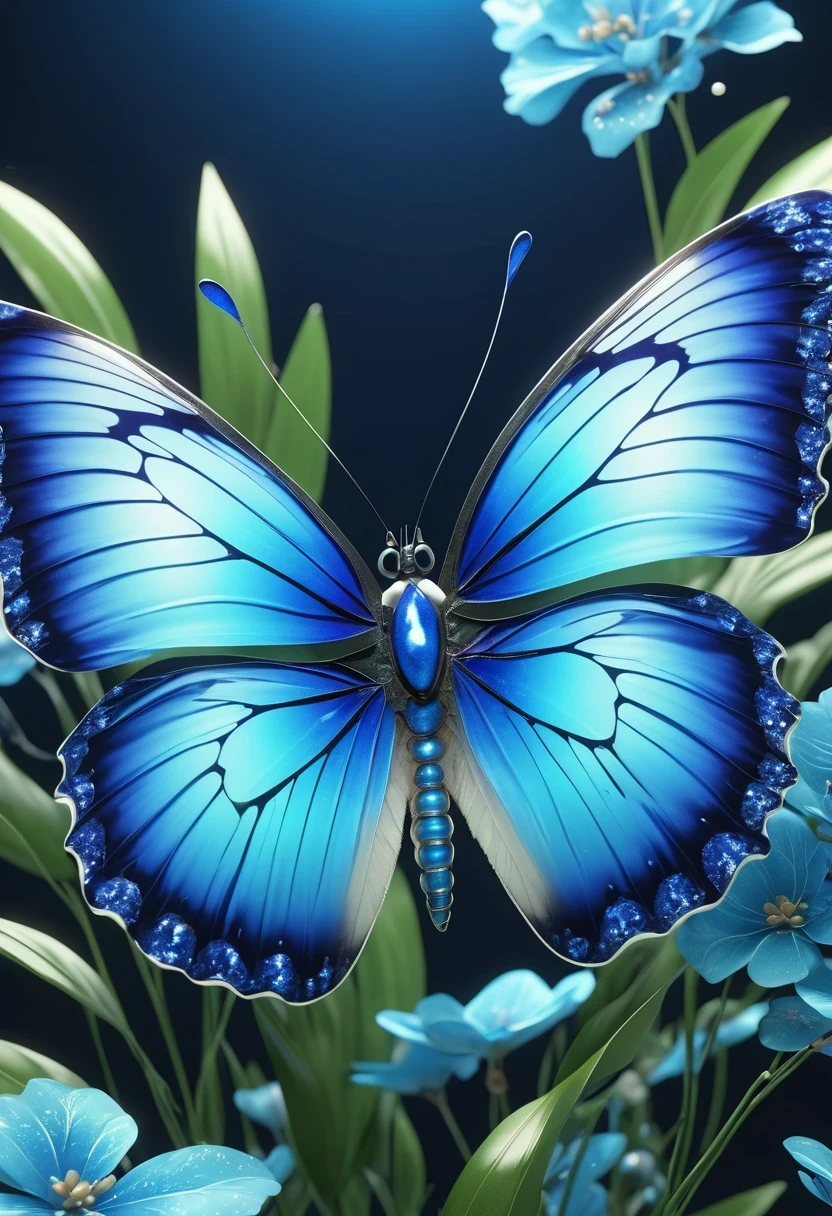 best quality,perfect masterpiece,Perfect work of art,Business,8k,Blue transparent butterfly，blue，Kaneko,Pearl hallucination,(The front is centered),(Centrosymmetric)，3S Materials,HD,Detailed performance,C4D,。.3D,Octane Rendering,Ray Tracing,Intricate details,Animated Lighting,Renderer,